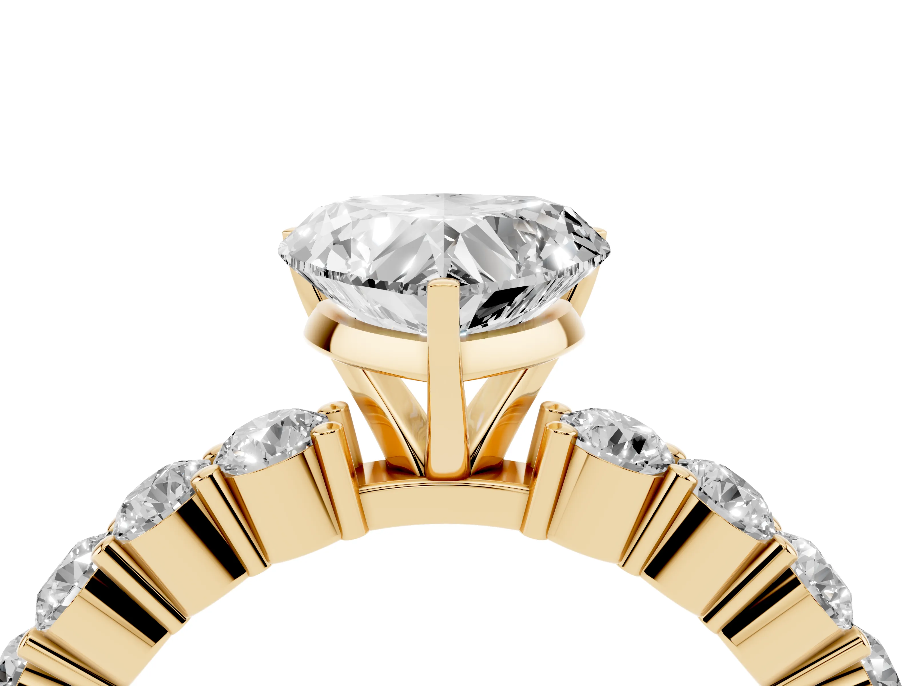 Heart Cut Diamond Solitaire Ring Set in Yellow gold with Shared Prong Round Side Stones
