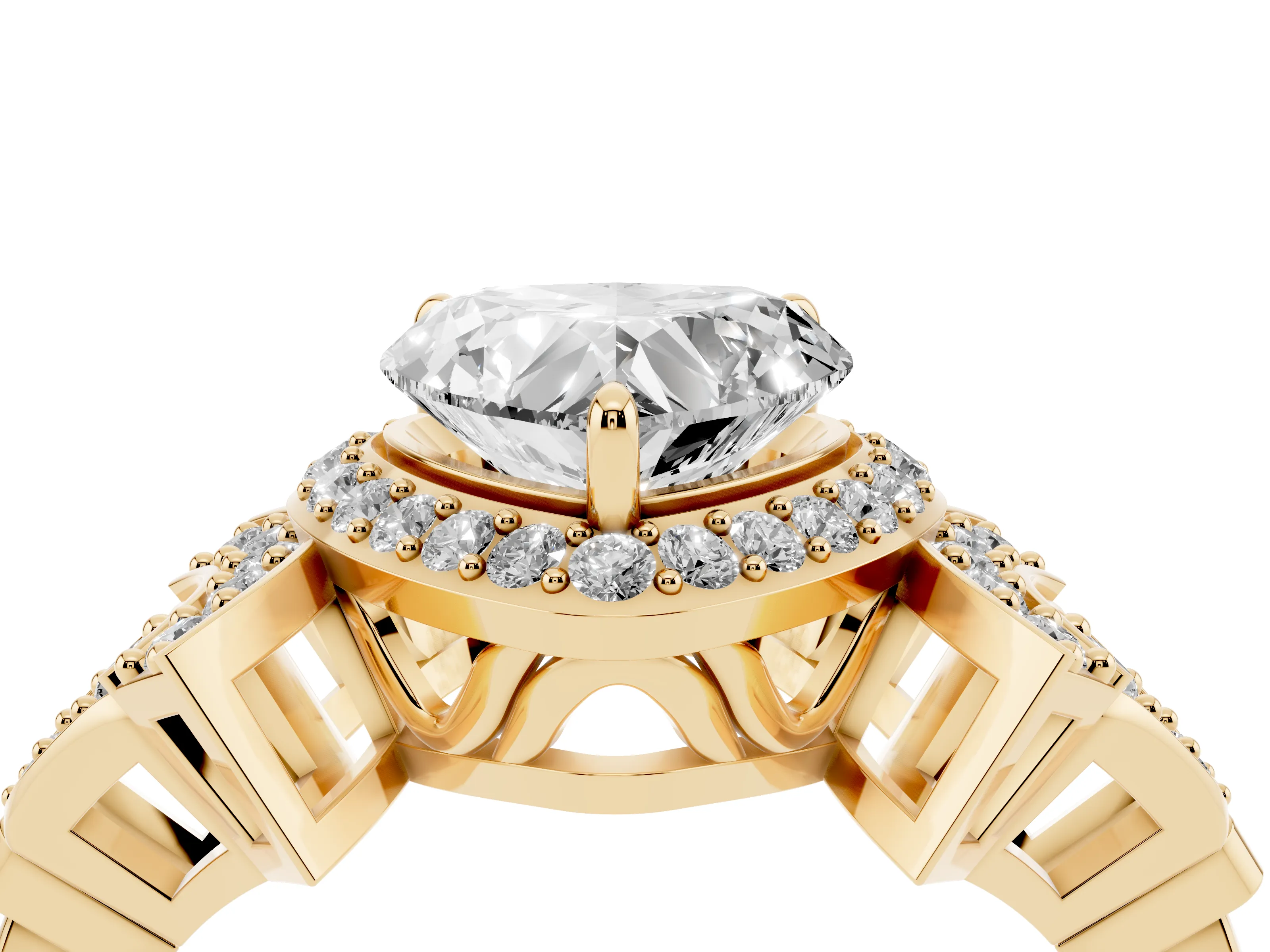 Heart Cut Diamond Halo Engagement Ring Set in Yellow gold with Accent Stone Split Shank