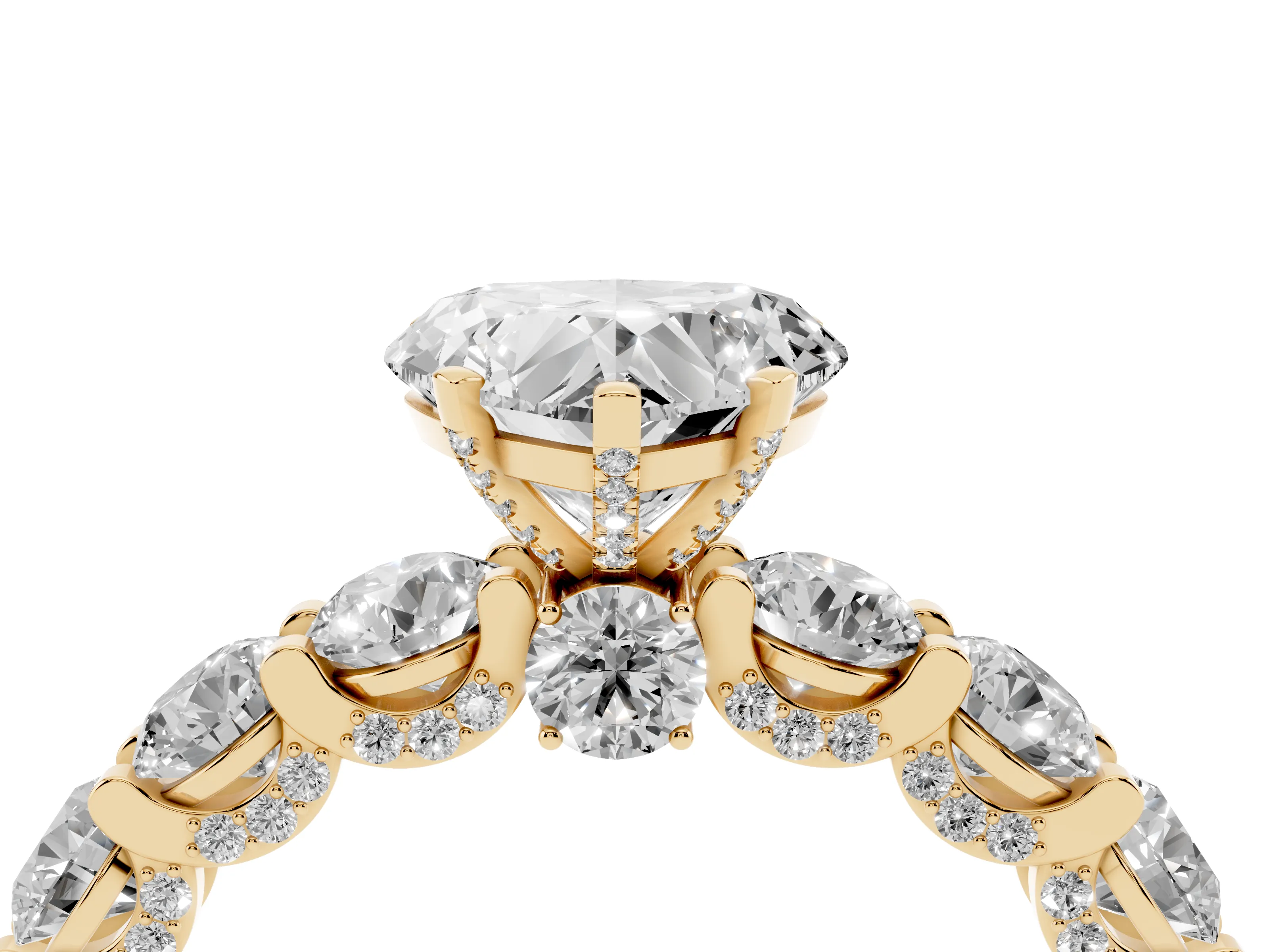 Heart Cut Diamond Side Stone Ring Set in Yellow gold with Alternating Round and Oval Side Stones
