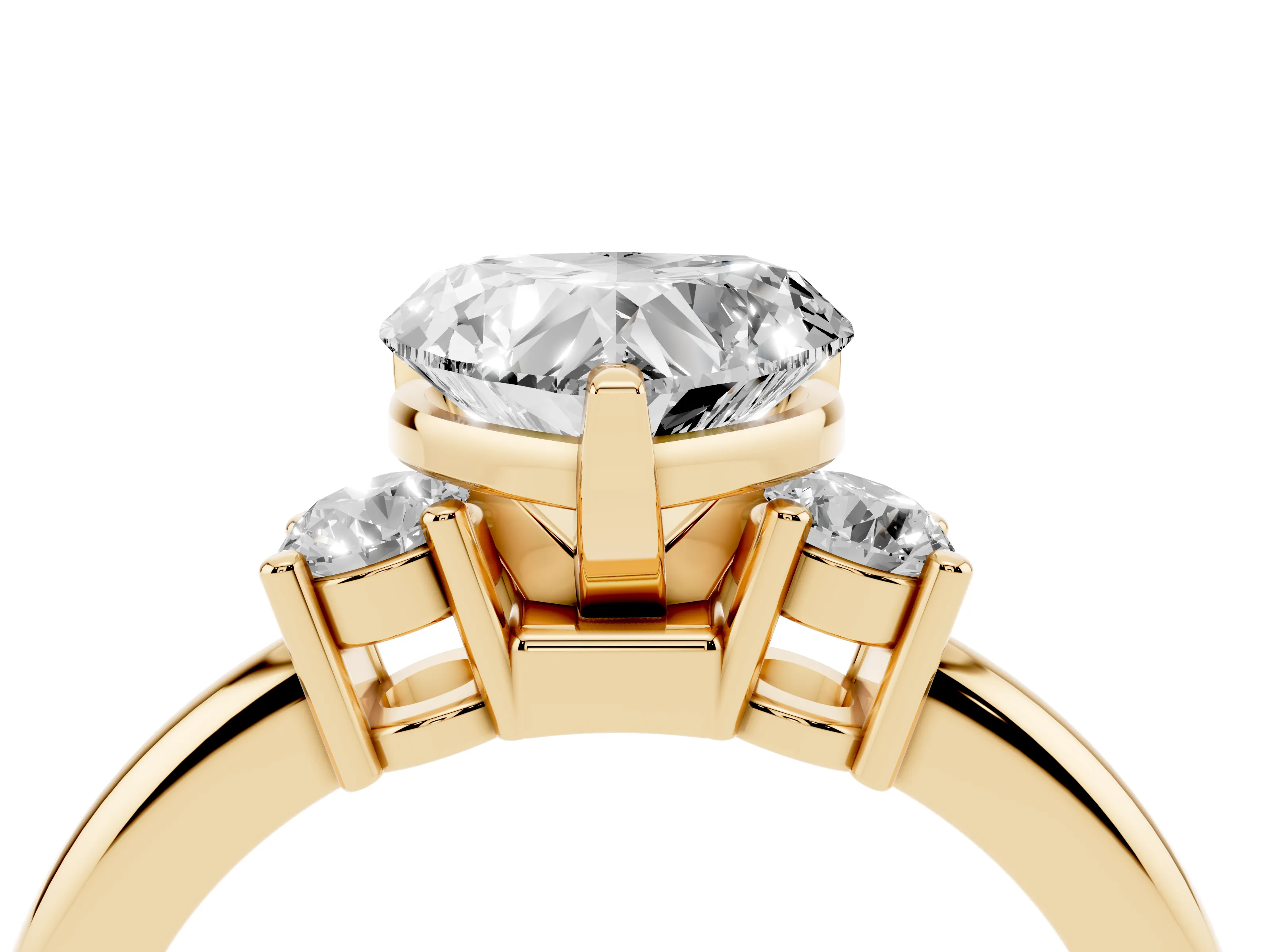 Three-Stone Heart Cut Diamond Ring Set in Yellow gold with Prong Setting and Plain Band