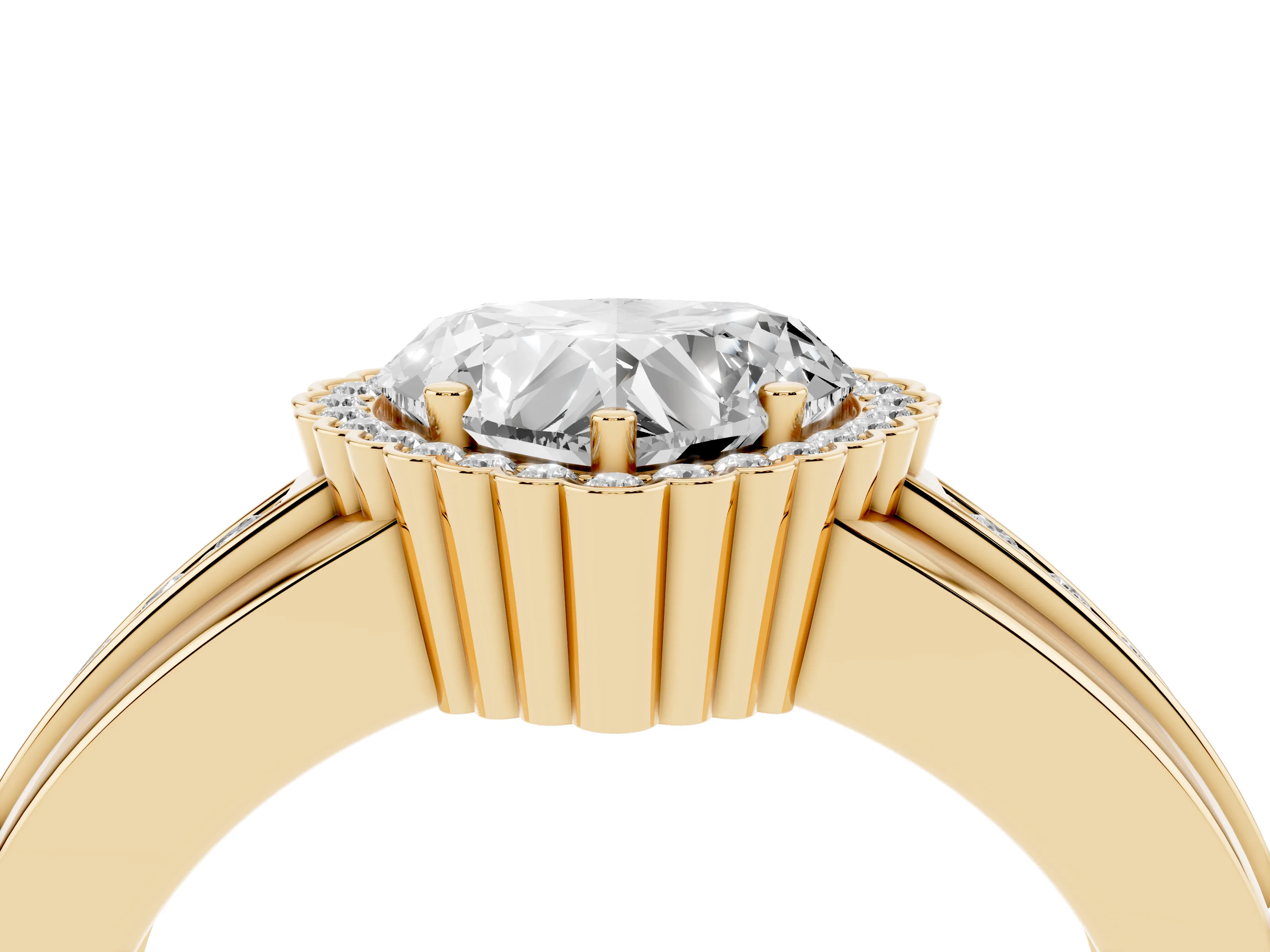 Heart Cut Diamond Halo Prong Ring Set in Yellow gold with Pavé Band
