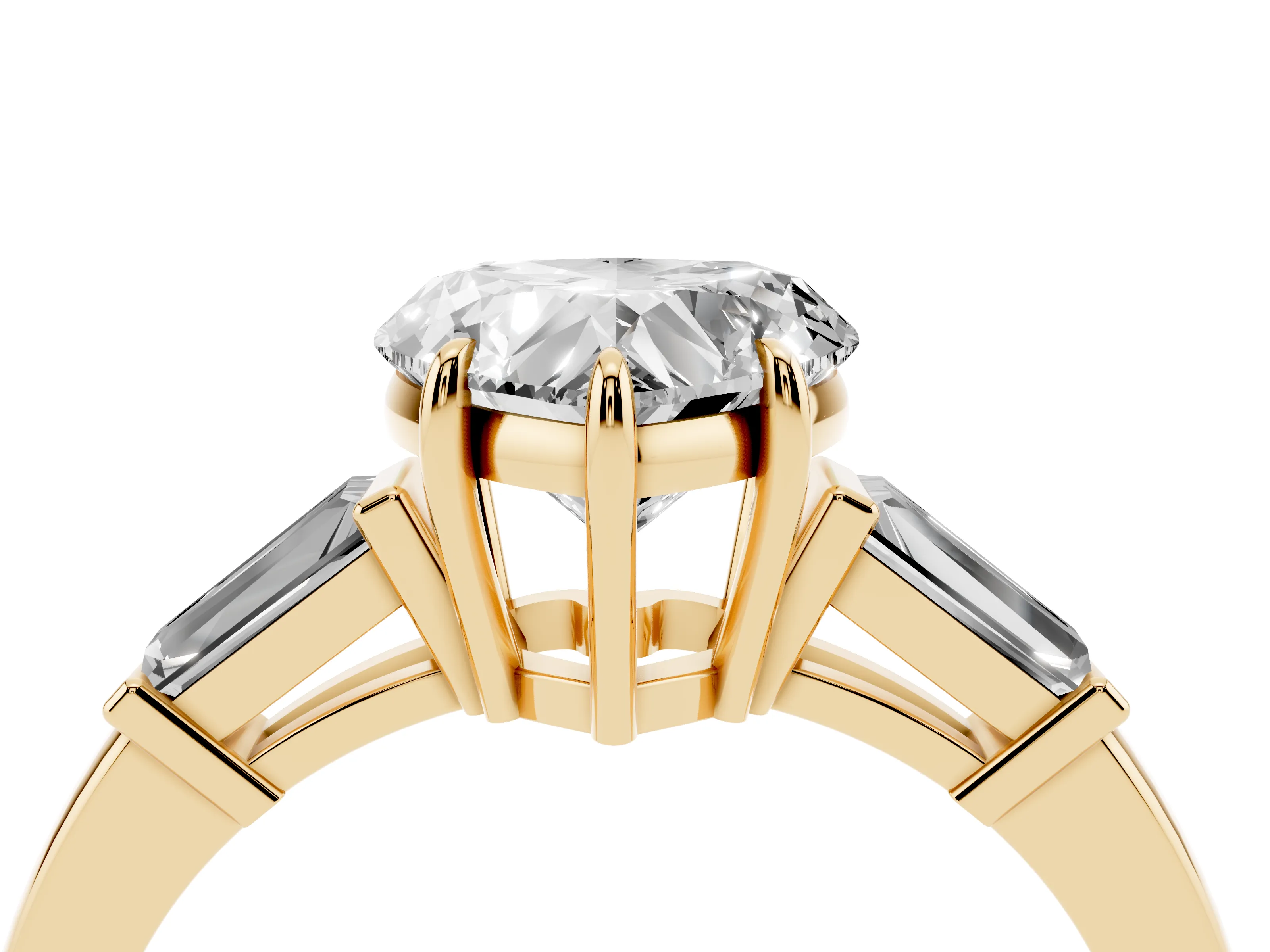 Heart Cut Diamond Three-Stone Ring Set in Yellow gold with Tapered Baguette Side Stones and Prong Setting