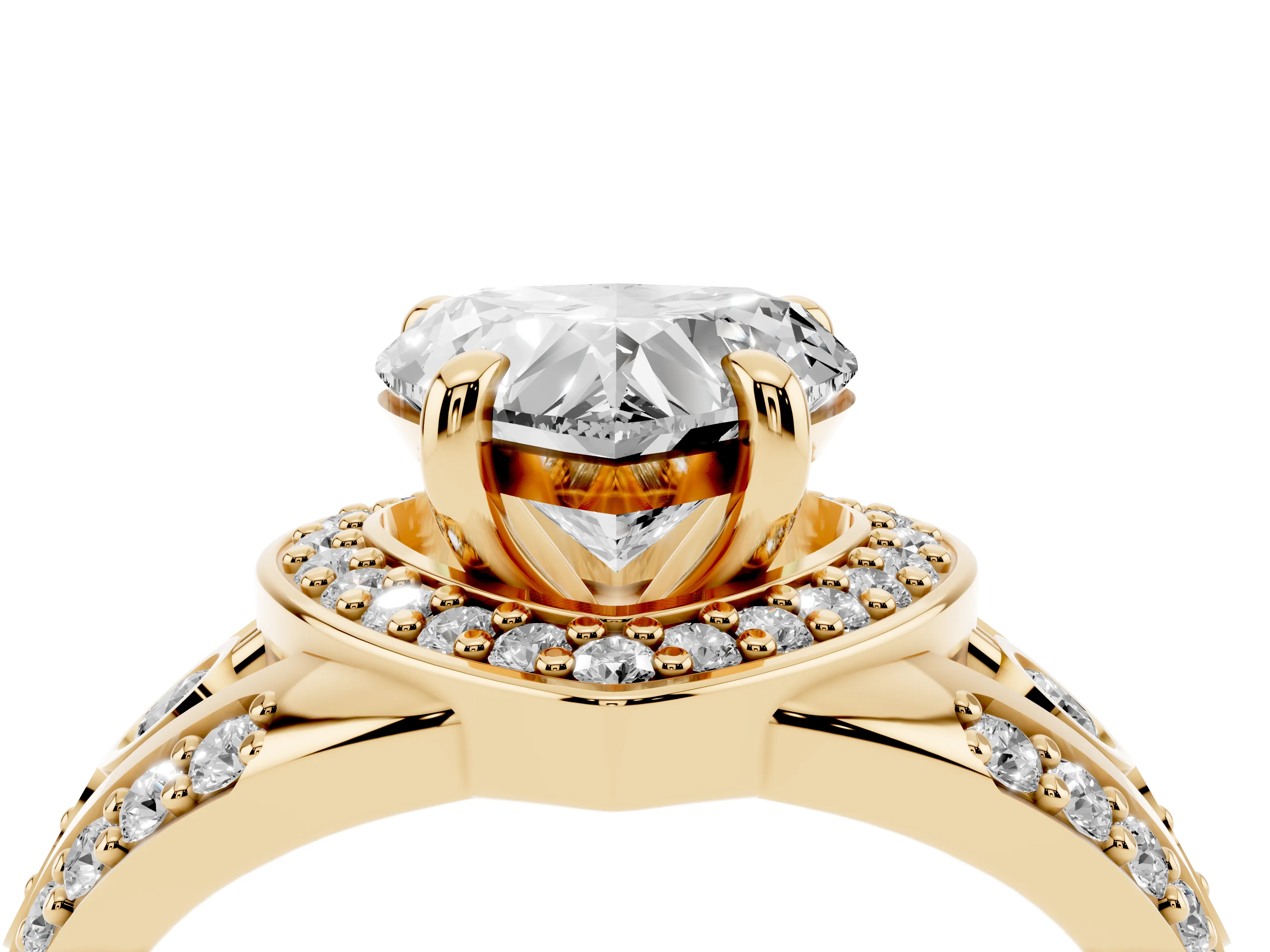 Heart Cut Diamond Halo Ring Set in Yellow gold with Pavé Split Shank and Bezel Accents