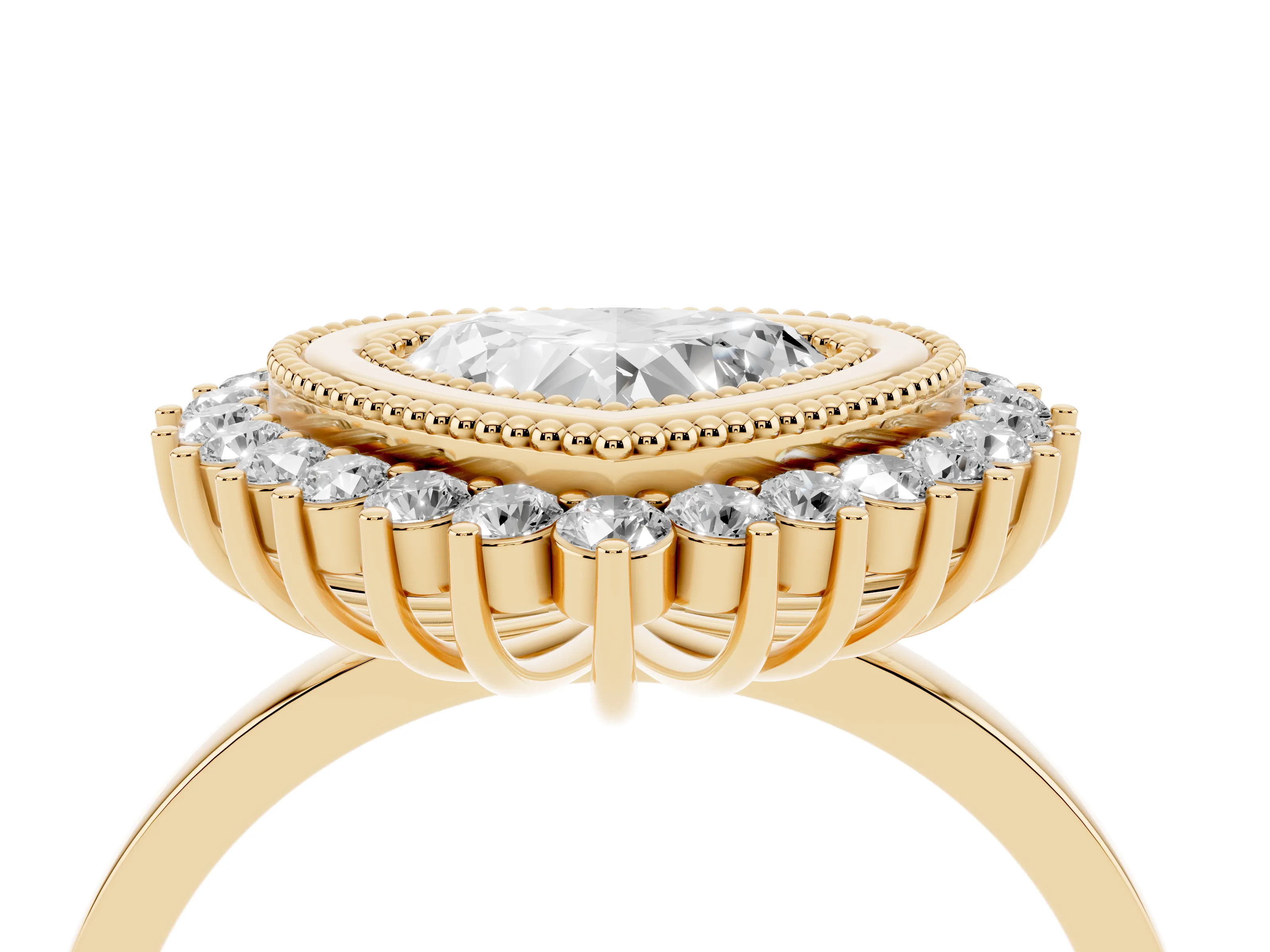 Heart Cut Diamond Halo Ring Set in Yellow gold with Milgrain Edge and Round Prong Setting