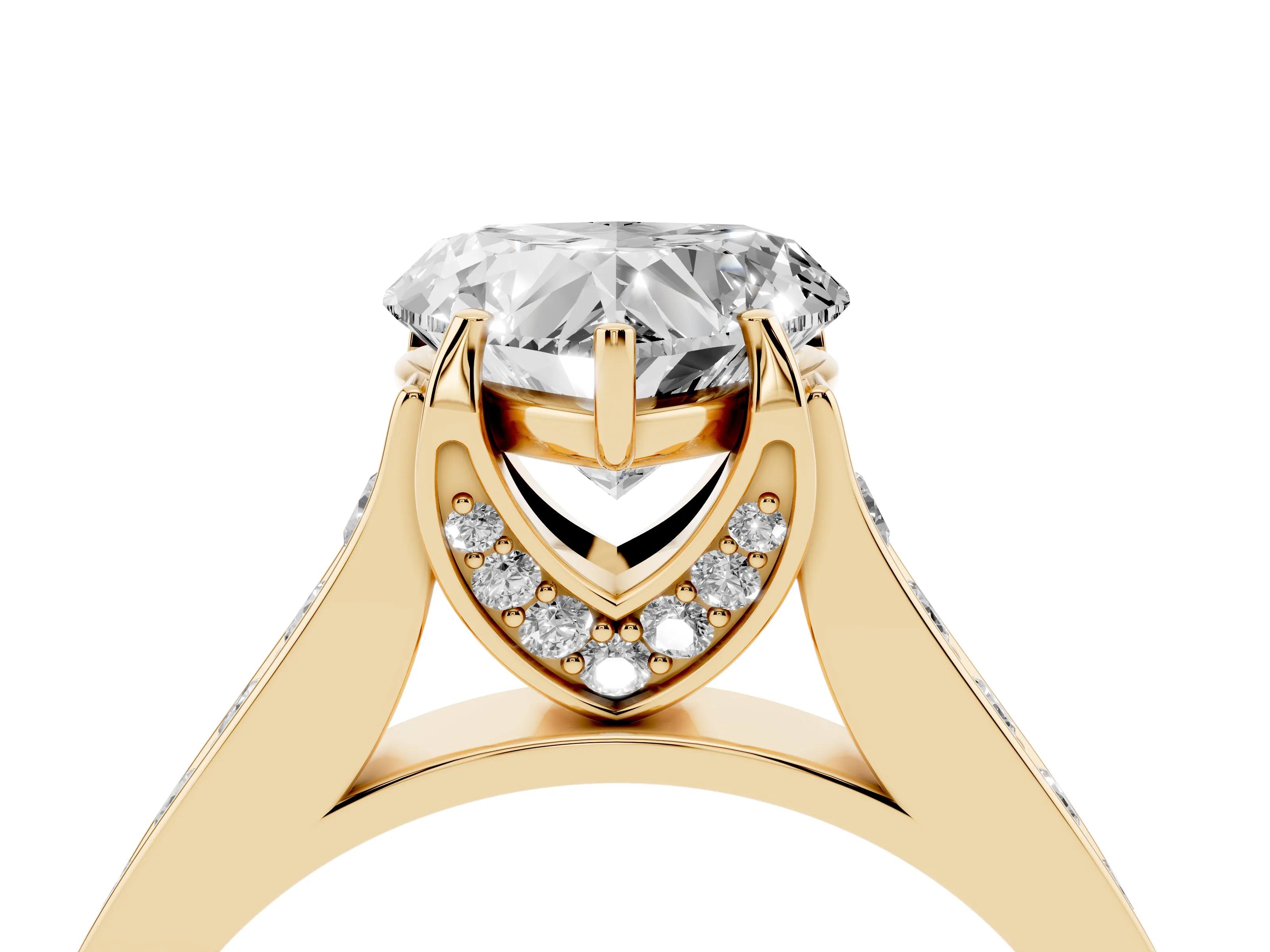 Heart Cut Diamond Solitaire Pavé Engagement Ring Set in Yellow gold with Prong Setting