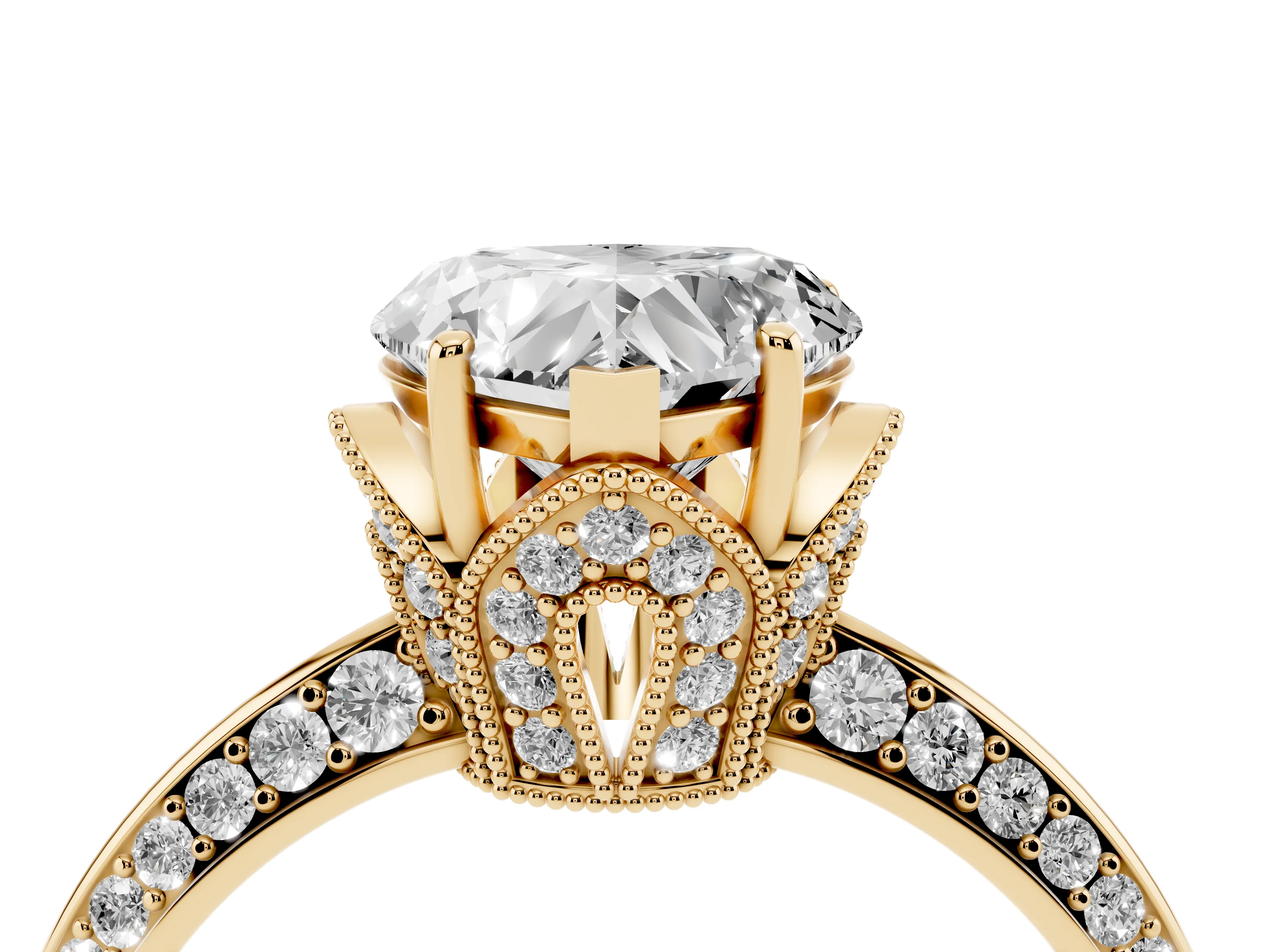 Heart Cut Diamond Solitaire Engagement Ring Set in Yellow gold with Pavé Split Shank and Prong Setting