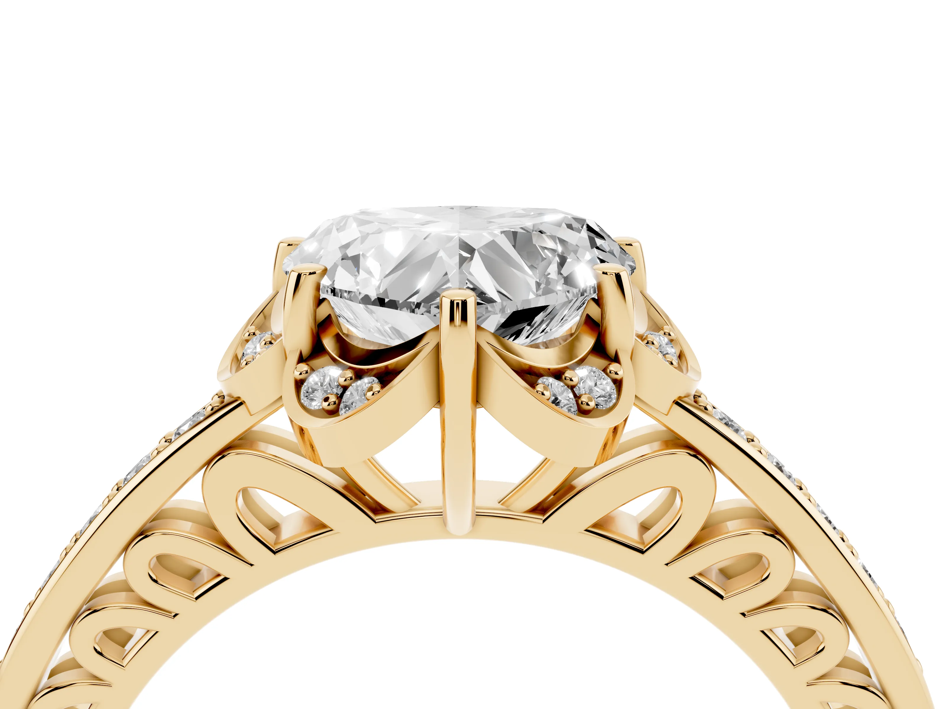 Heart Cut Diamond Halo Ring Set in Yellow gold with Channel Set Band and Prong Setting