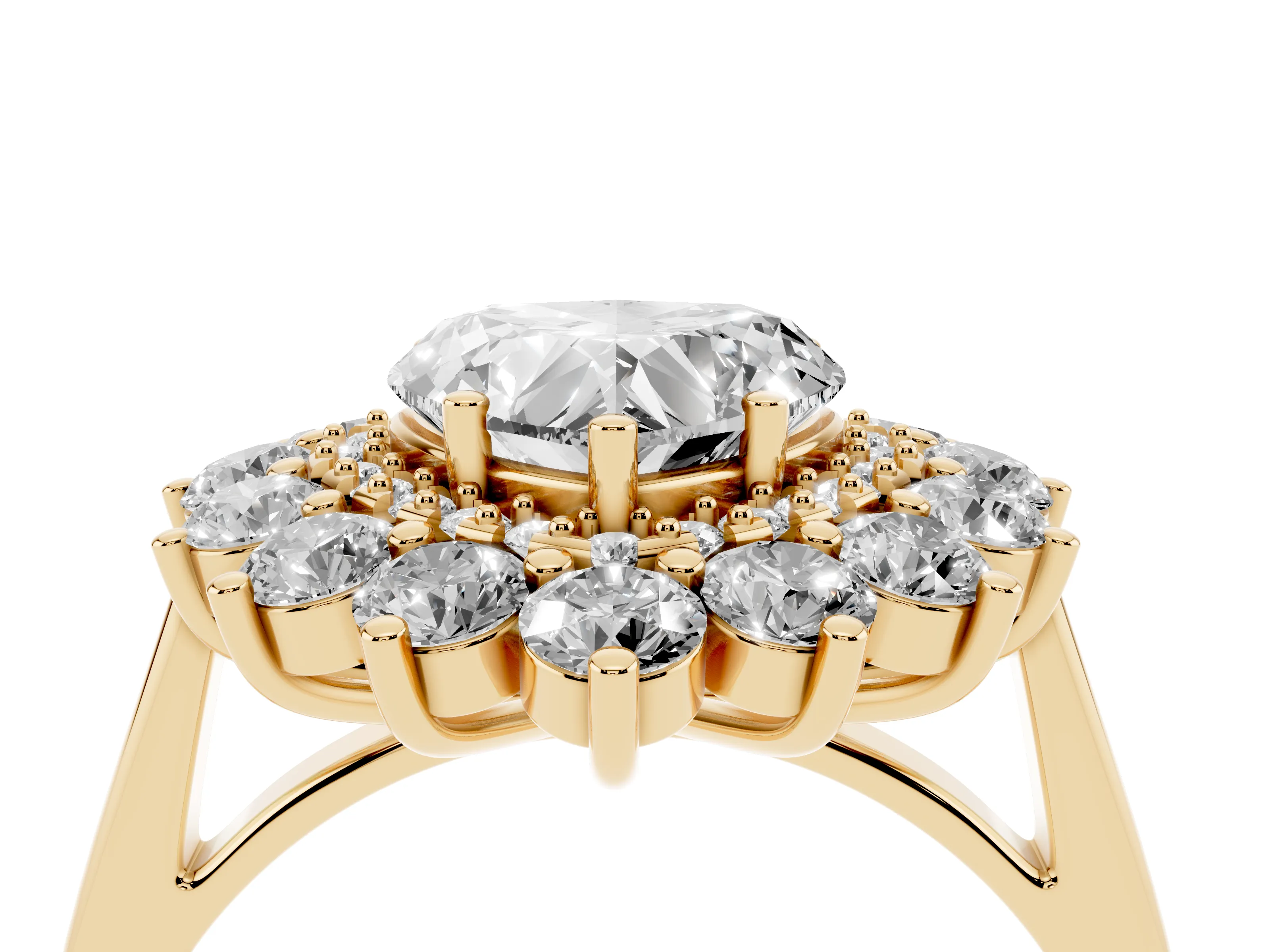 Heart Cut Diamond Floral Double Halo Ring Set in Yellow gold with Round Petals