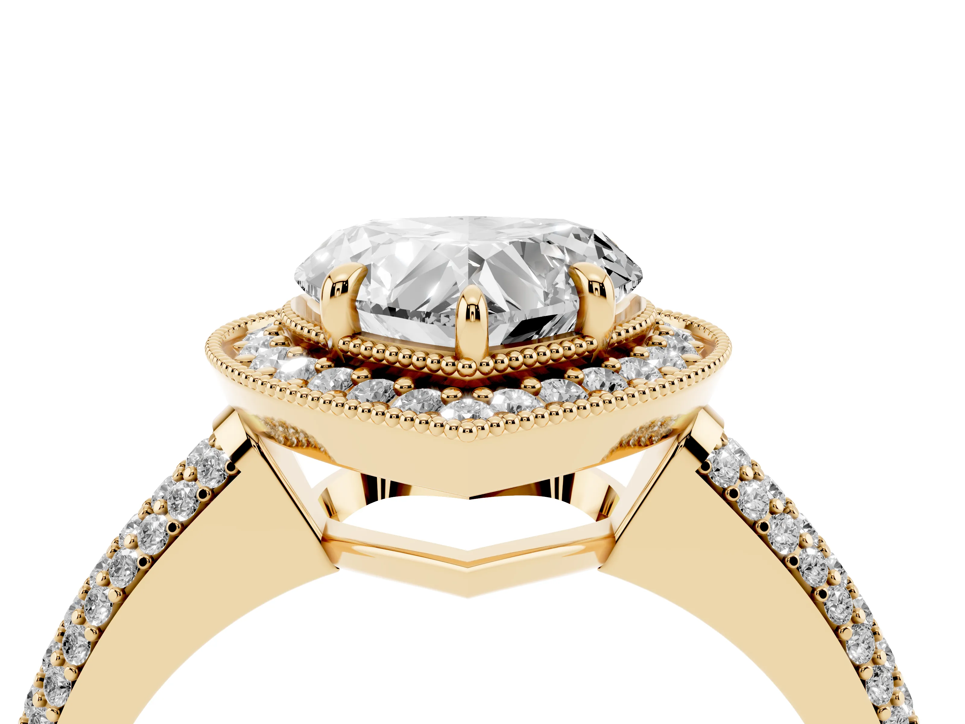 Heart Cut Diamond Halo Pavé Band Set in Yellow gold with Prong Setting