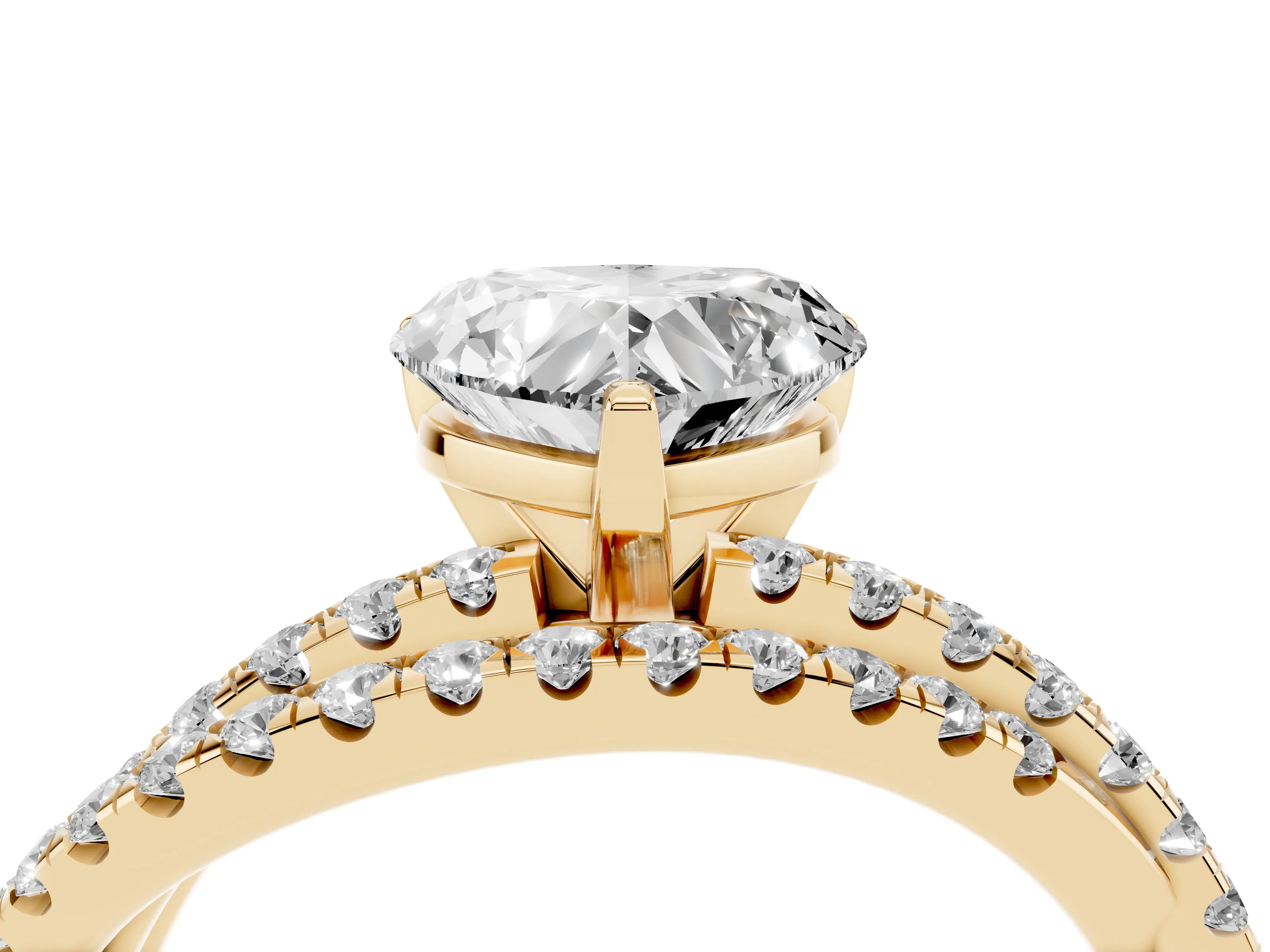 Heart Cut Diamond Solitaire Twist Band Ring Set in Yellow gold with Pavé Setting and Prong Head