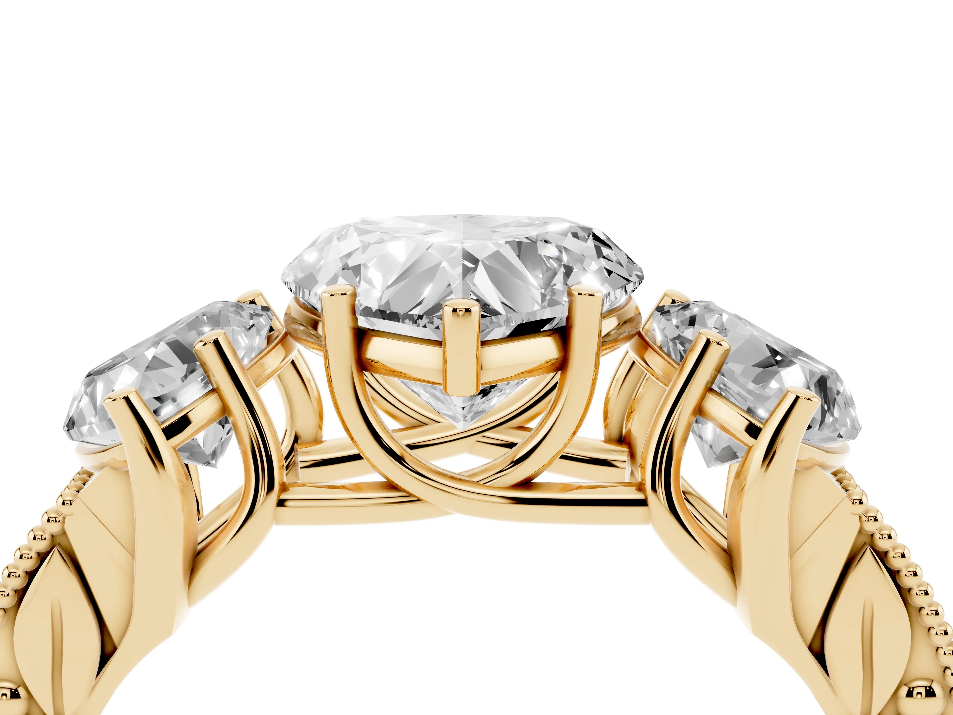 Heart Cut Diamond Three-Stone Engagement Ring Set in Yellow gold with Milgrain Pavé Band