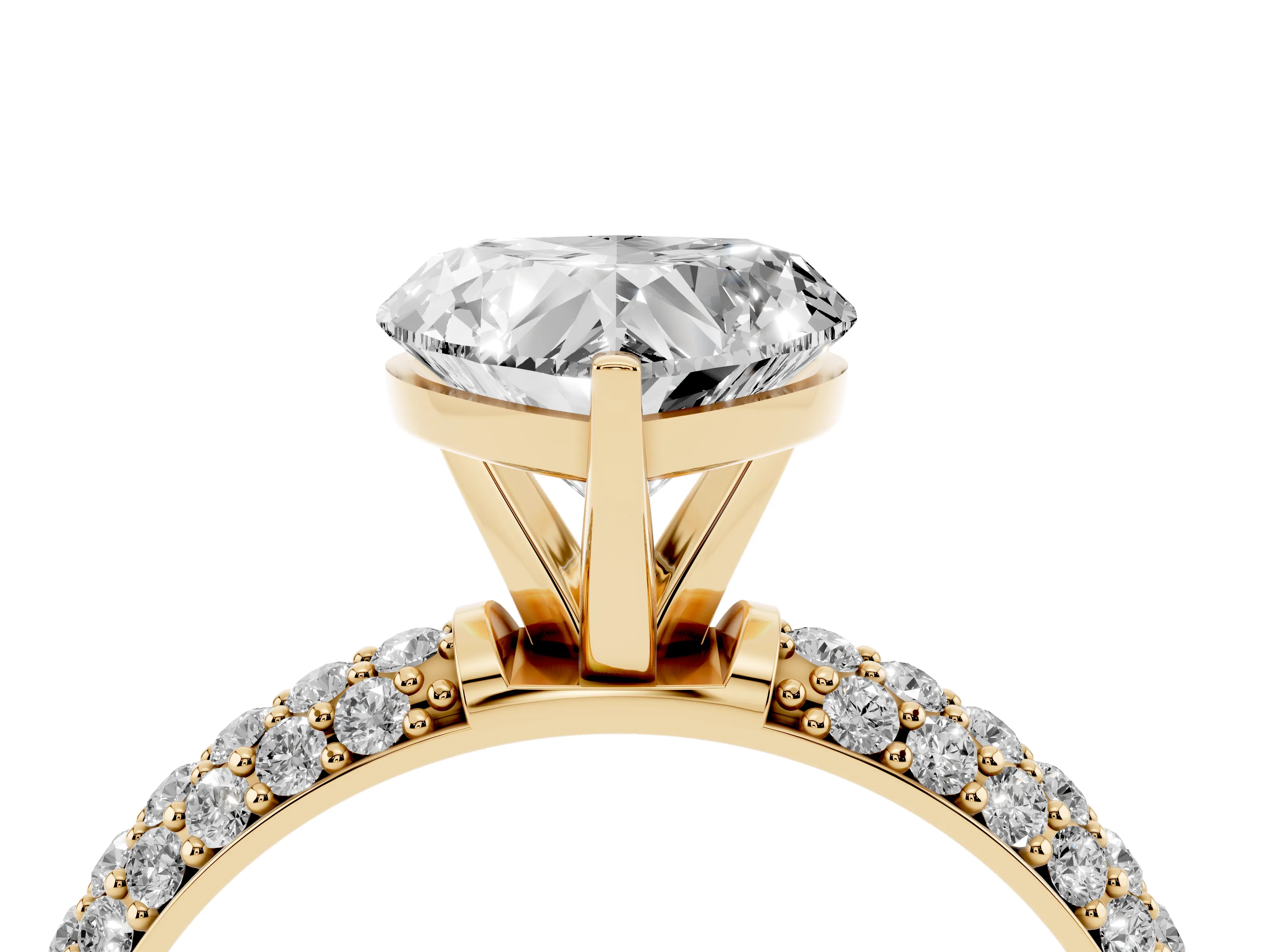 Heart Cut Diamond Solitaire Ring Set in Yellow gold with Prong Setting and Pavé-Set Band