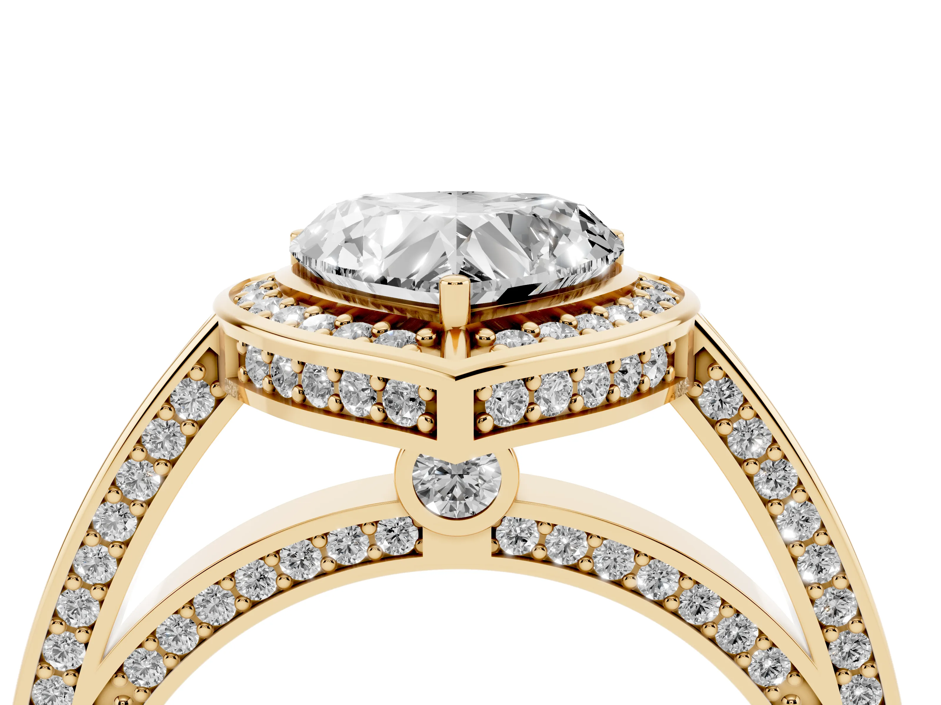 Heart Cut Diamond Halo Pavé Split Shank Ring Set in Yellow gold with Prong Setting