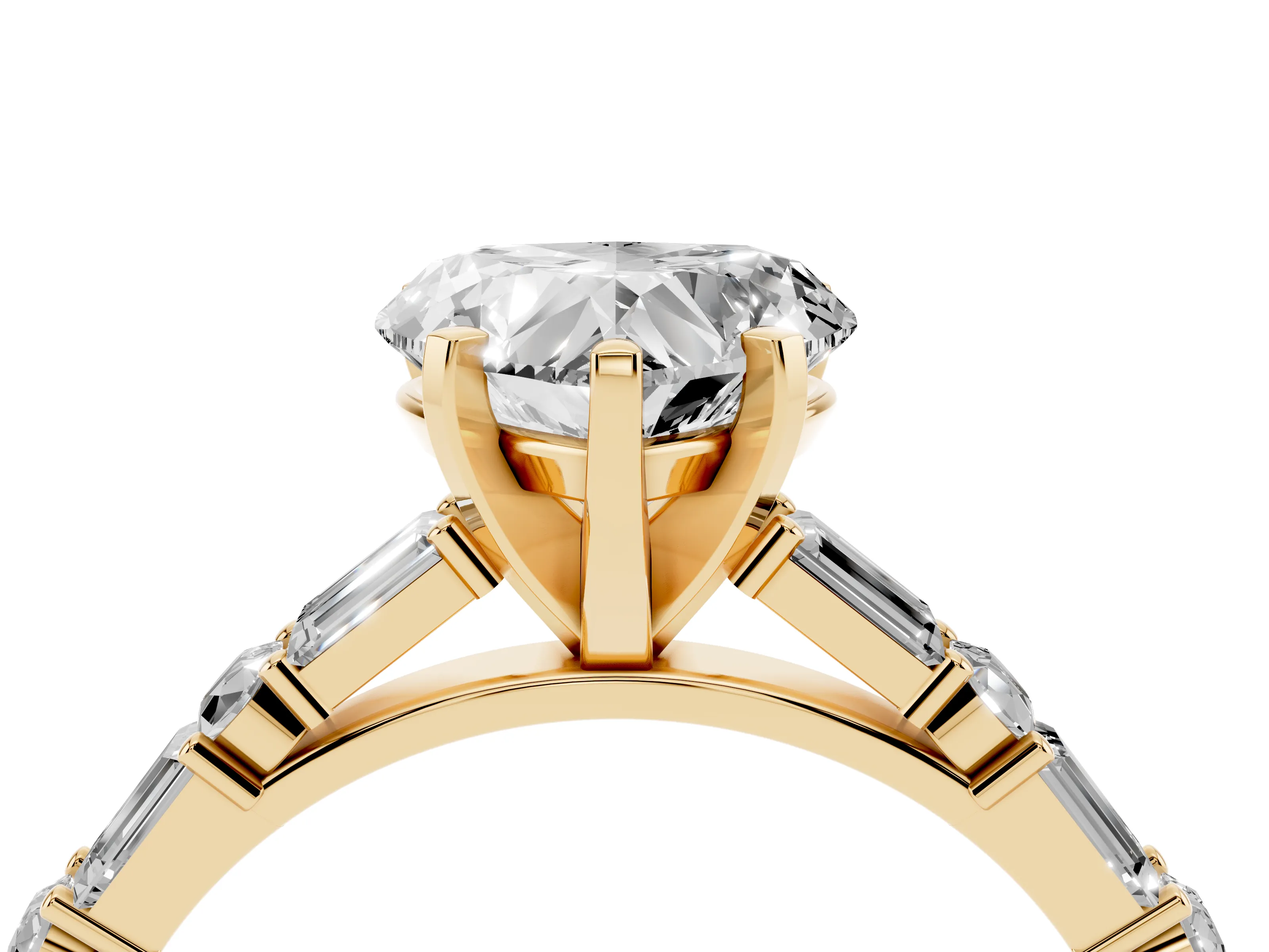 Heart Cut Diamond Solitaire Set in Yellow gold with Side Baguettes and Channel Set Band