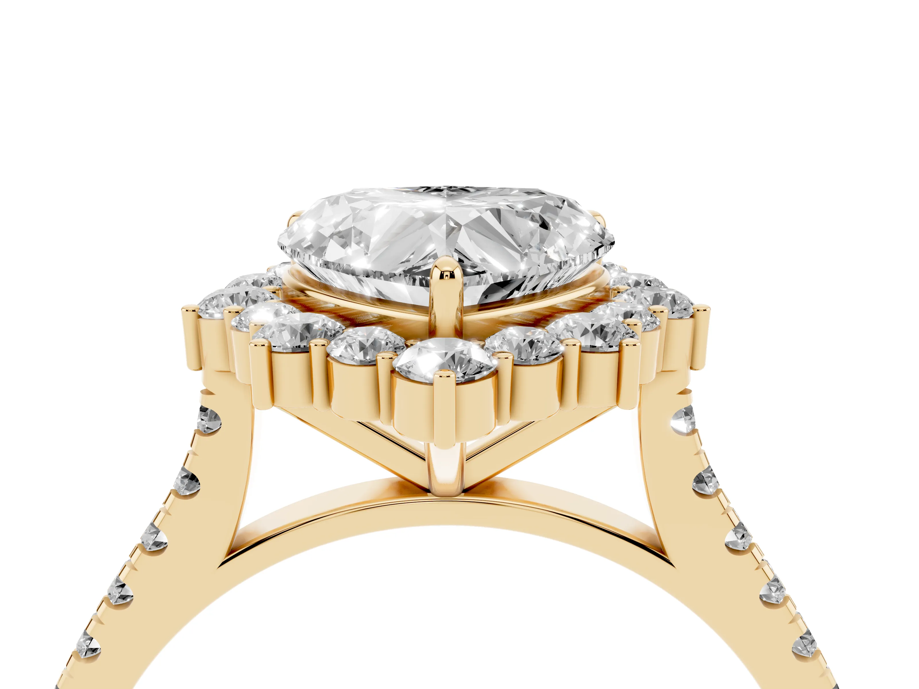 Heart Cut Diamond Halo Ring Set in Yellow gold with Pavé Band and Prong Setting