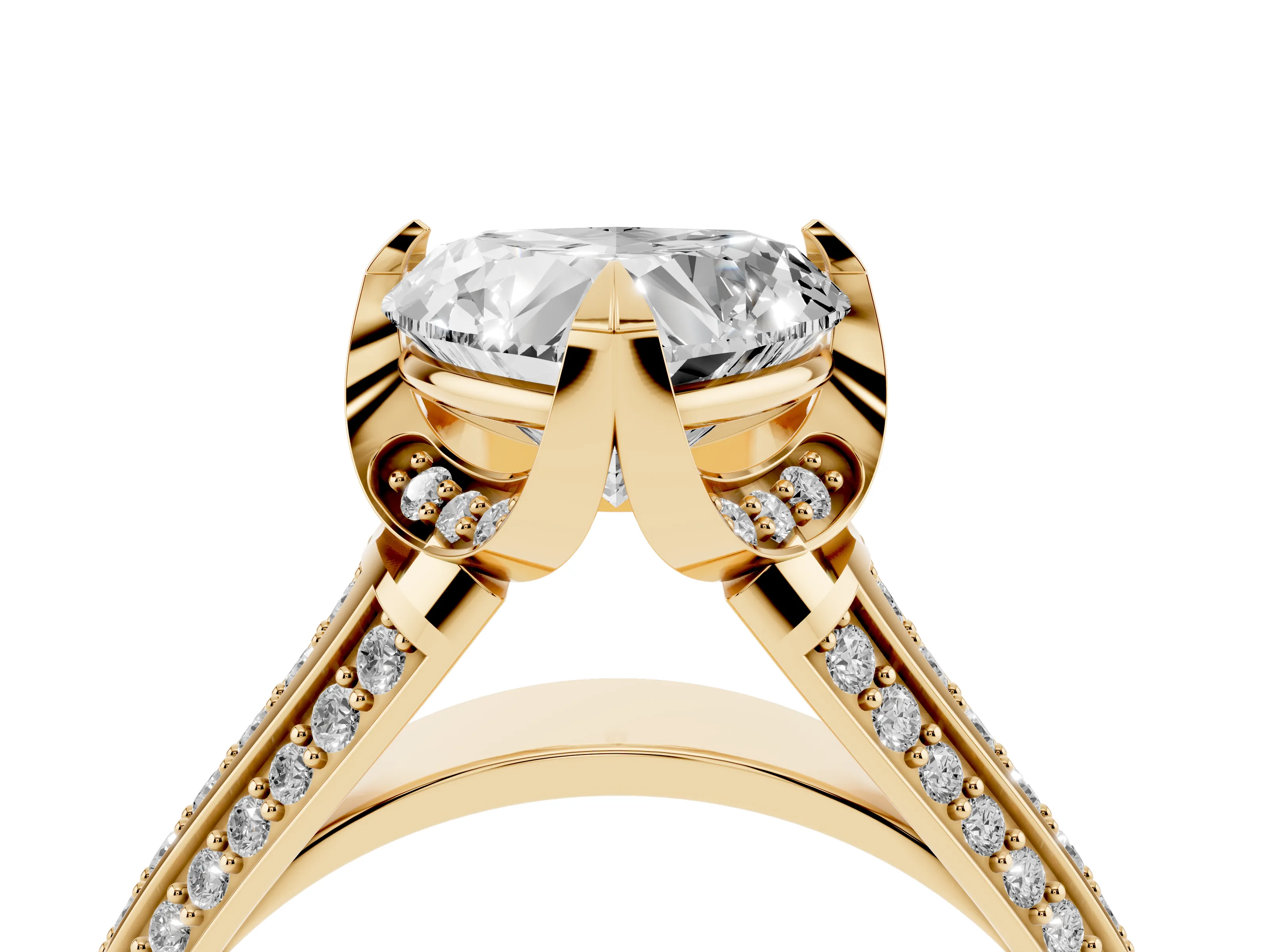 Heart Cut Diamond Pavé Split Shank Solitaire Ring Set in Yellow gold with Prong Setting