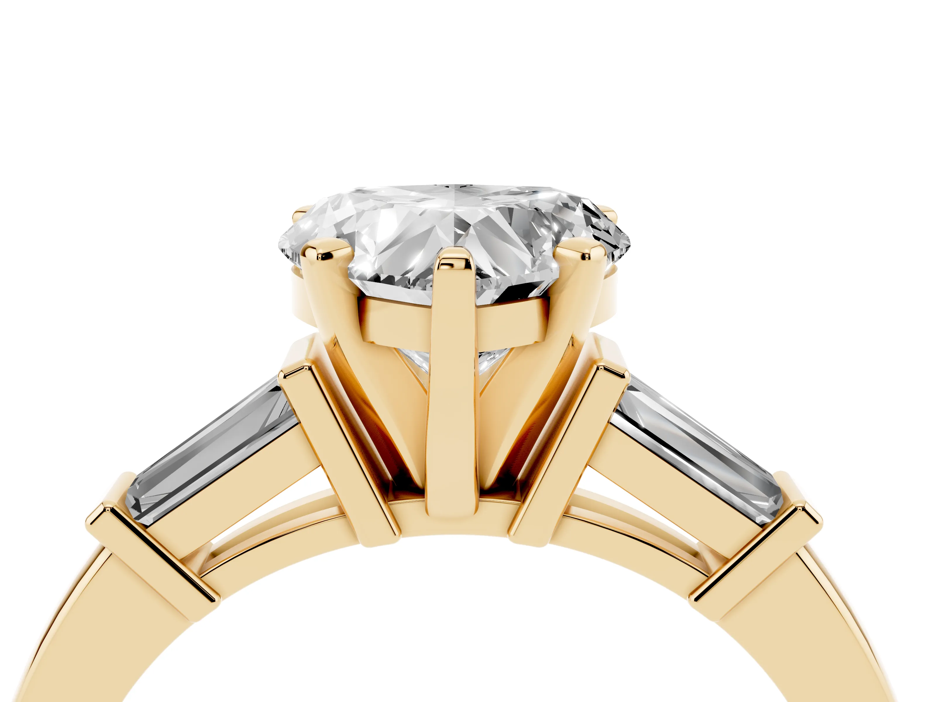 Heart Cut Diamond Solitaire Ring Set in Yellow gold with Tapered Baguette Accents and Prong Setting
