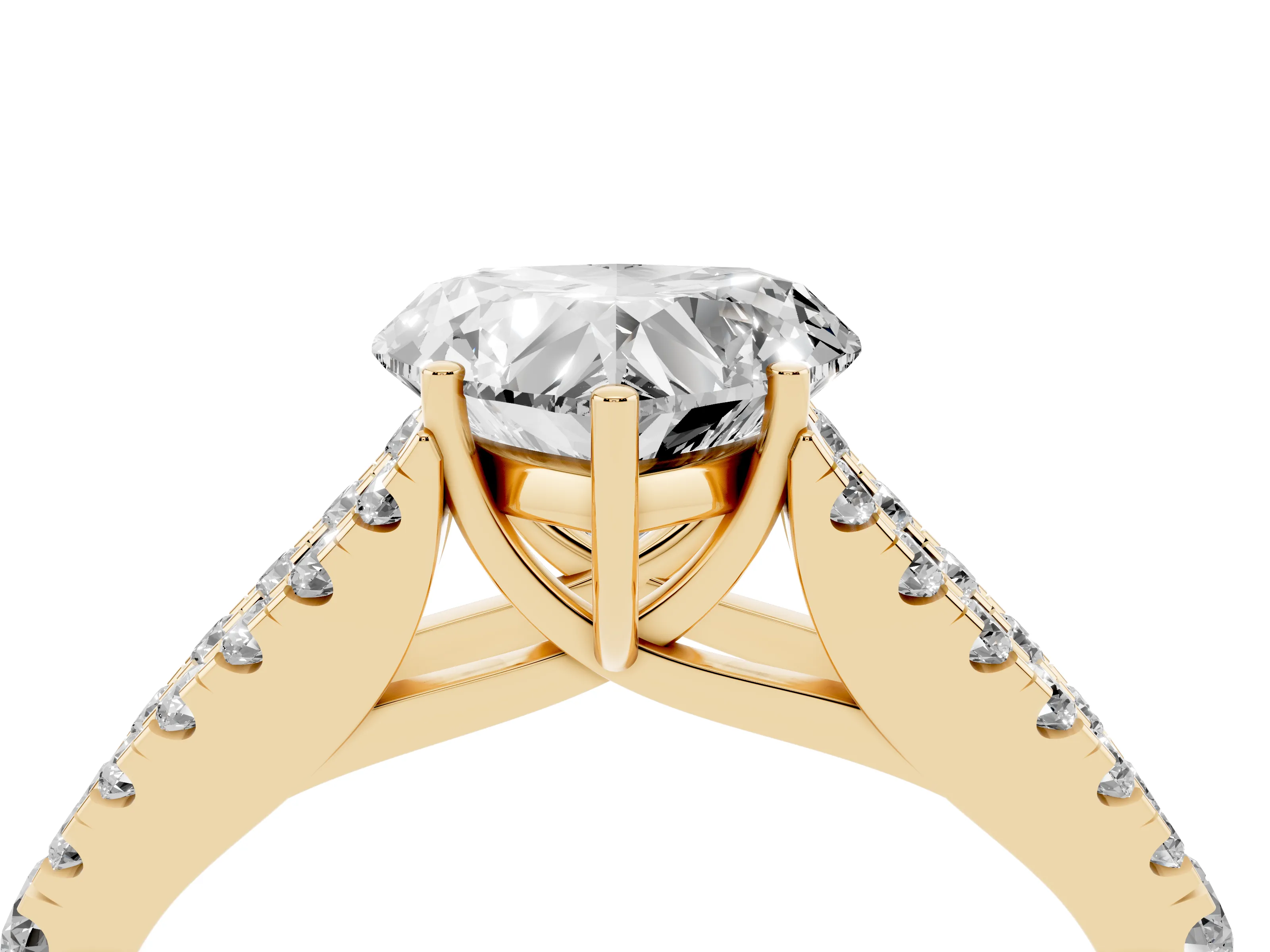 Heart Cut Diamond Split Shank Pavé Engagement Ring Set in Yellow gold with Prong-Held Center Stone