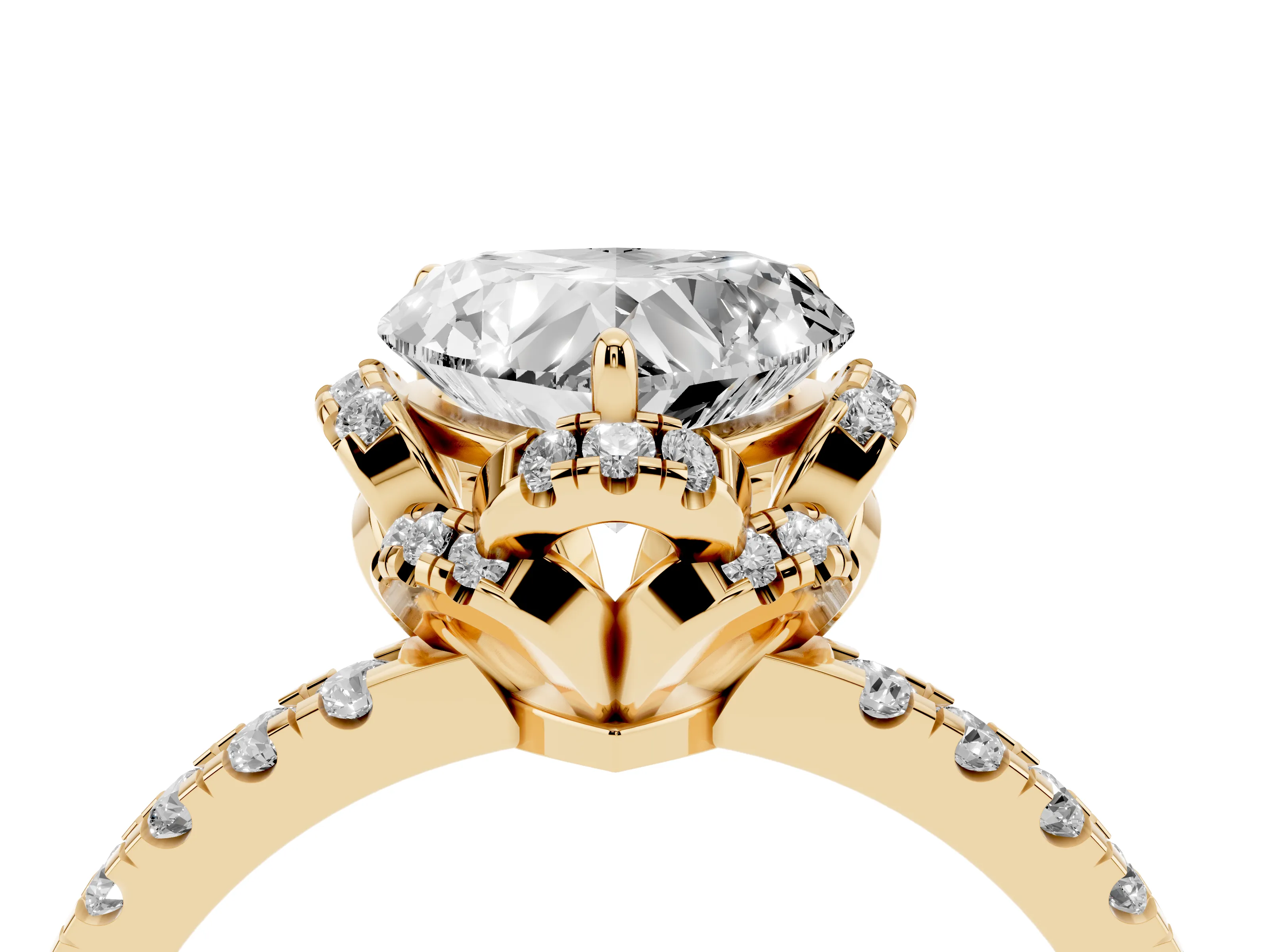 Heart Cut Diamond Halo Pavé Band Ring Set in Yellow gold with Prong-Held Center
