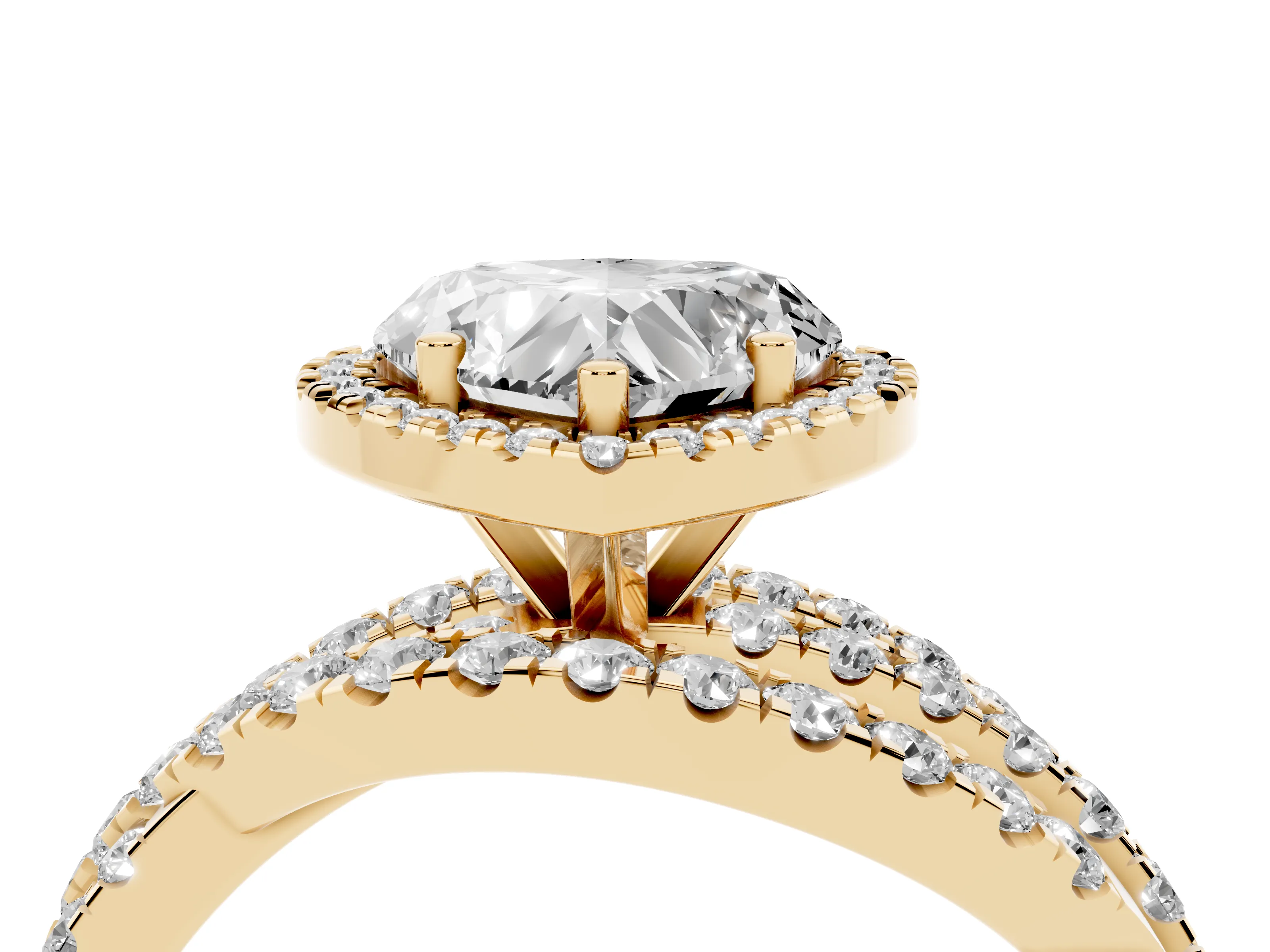 Heart Cut Diamond Halo Ring Set in Yellow gold with Round Crossover Split Shank and Prong Setting