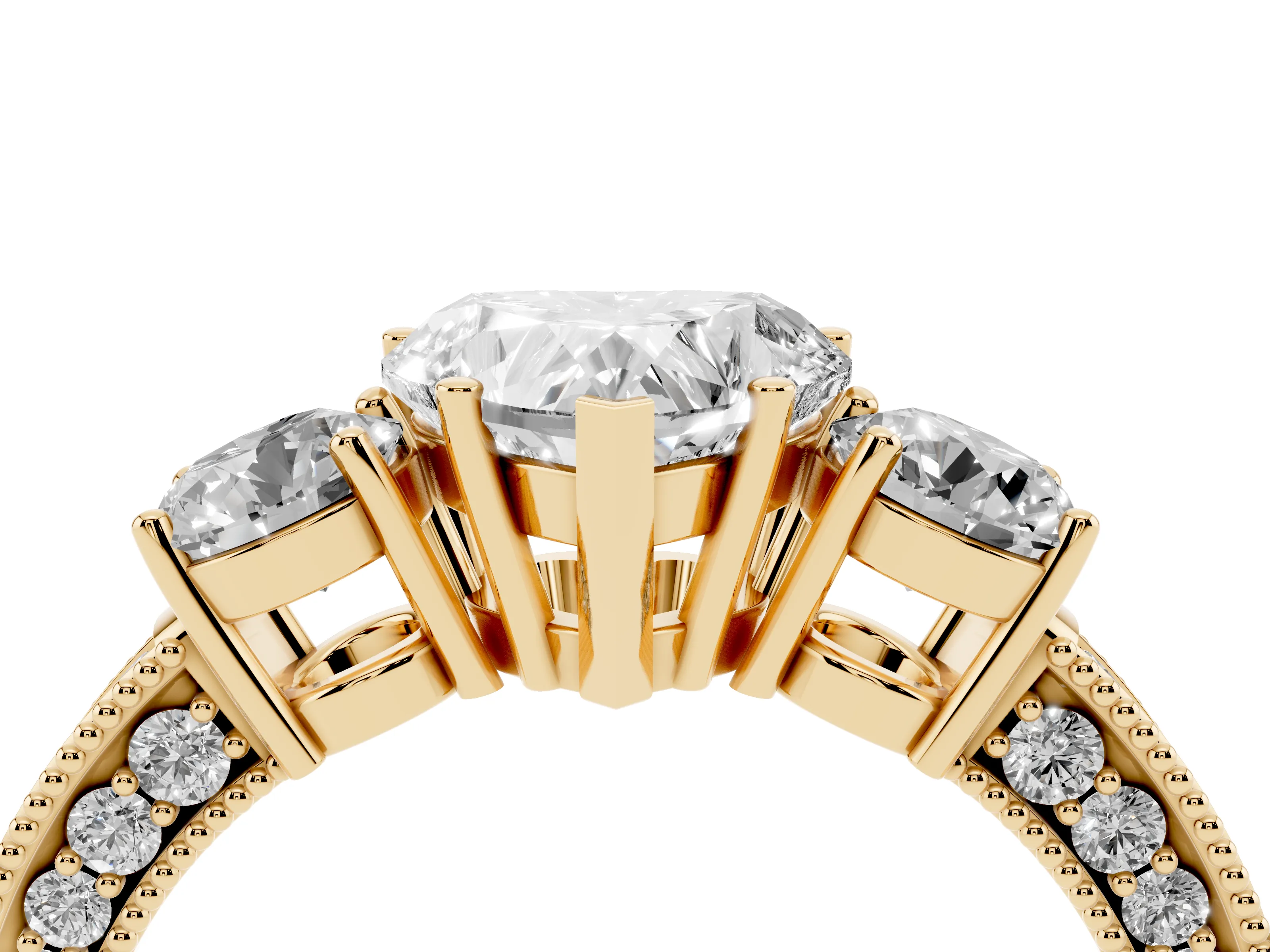 Heart Cut Diamond Three-Stone Ring Set in Yellow gold with Round Side Stones and Pavé Band