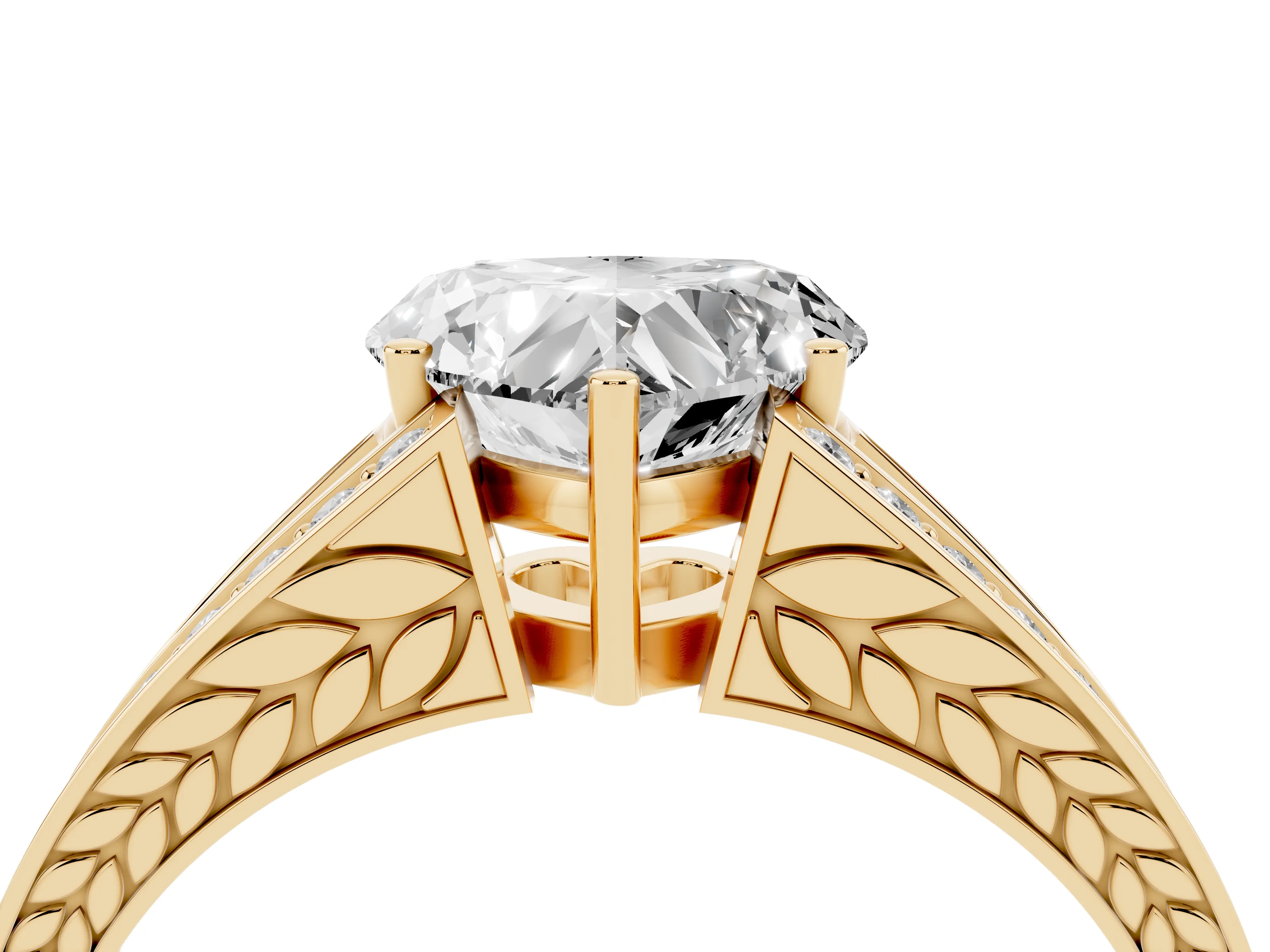 Heart Cut Diamond Split Shank Ring Set in Yellow gold with Pavé Band and Prong Setting