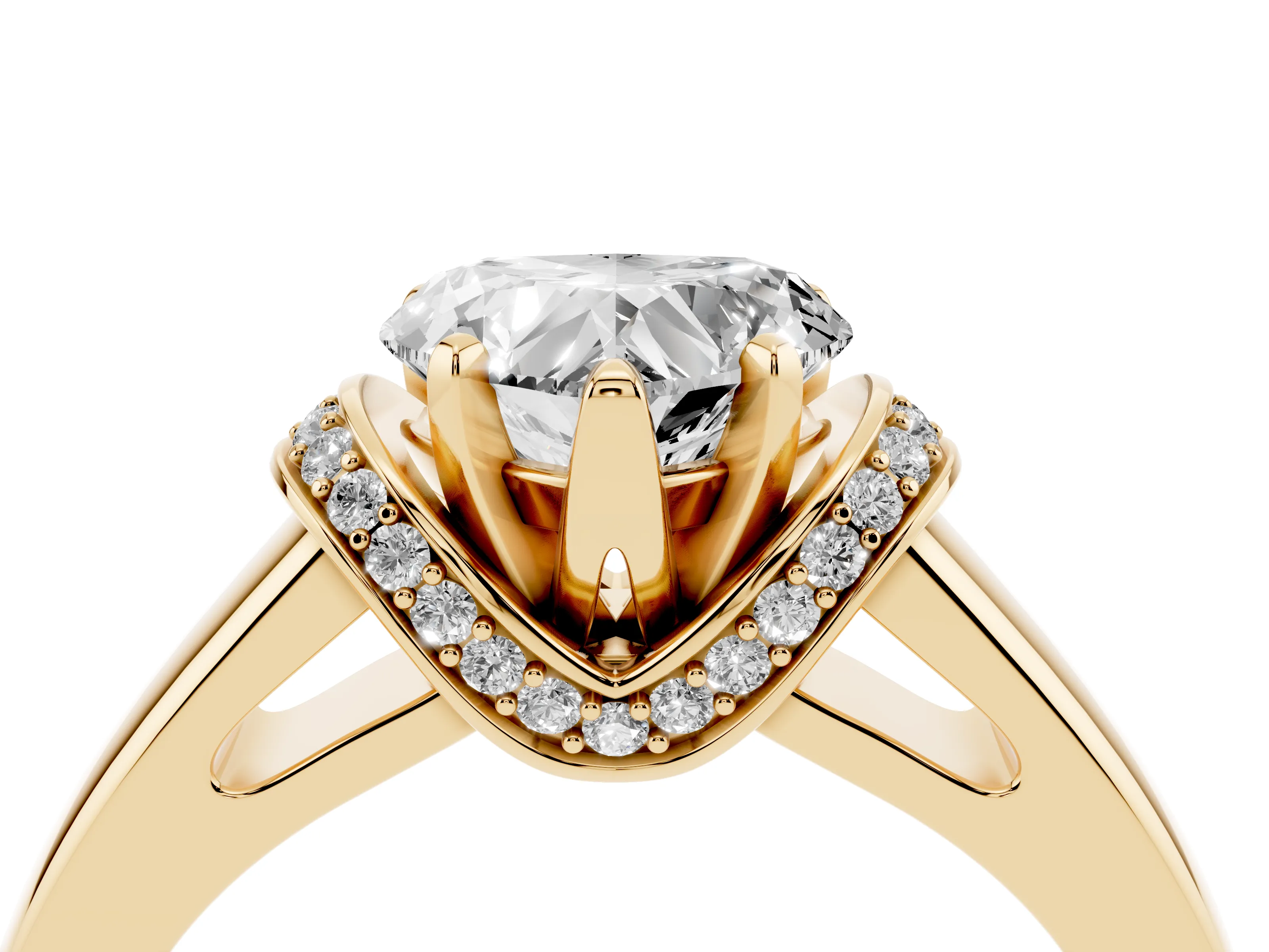 Heart Cut Diamond Pavé Band Solitaire Ring Set in Yellow gold with Prong Setting