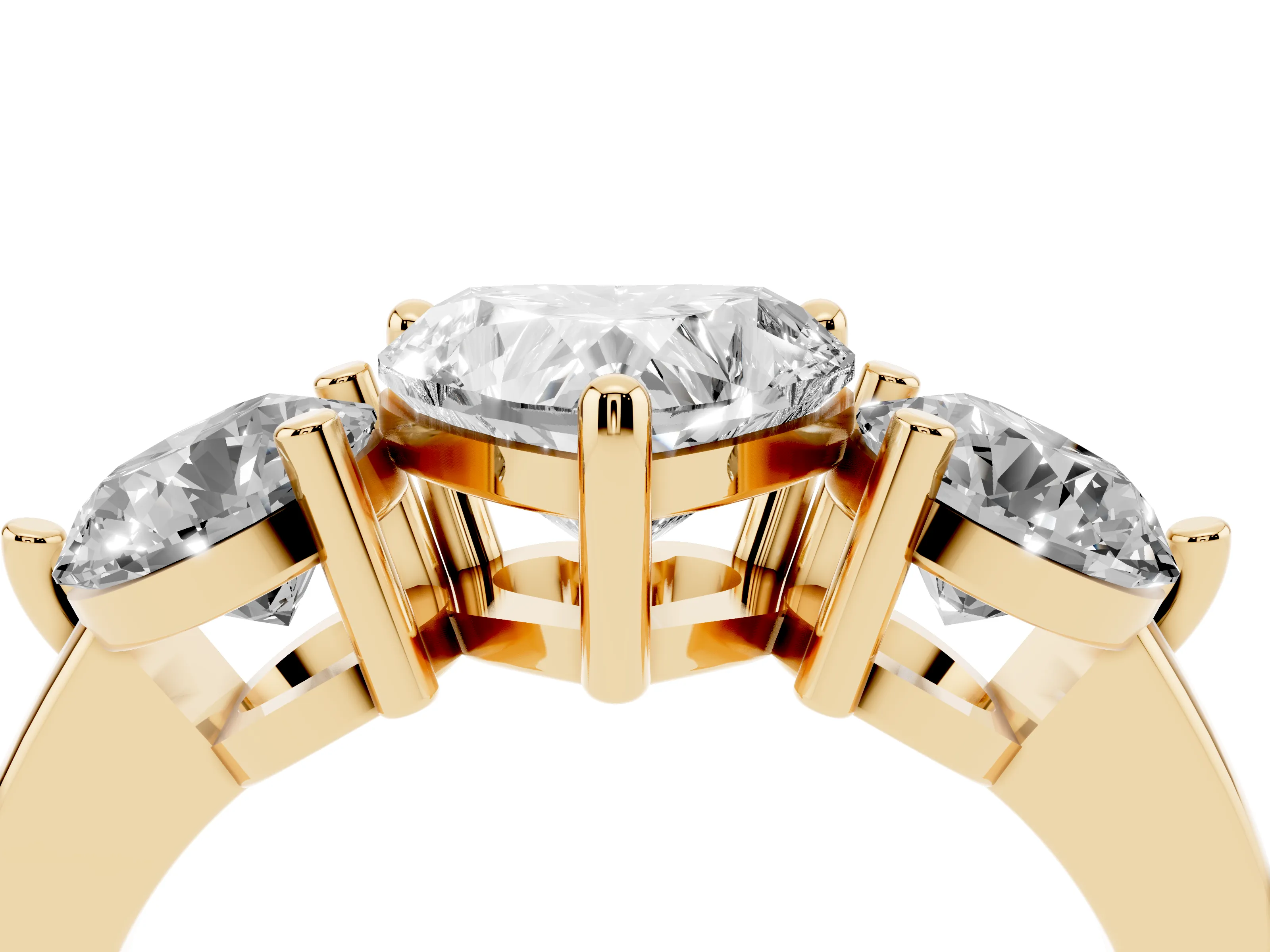 Heart Cut Diamond Three-Stone Ring Set in Yellow gold with Prong Setting and Classic Band