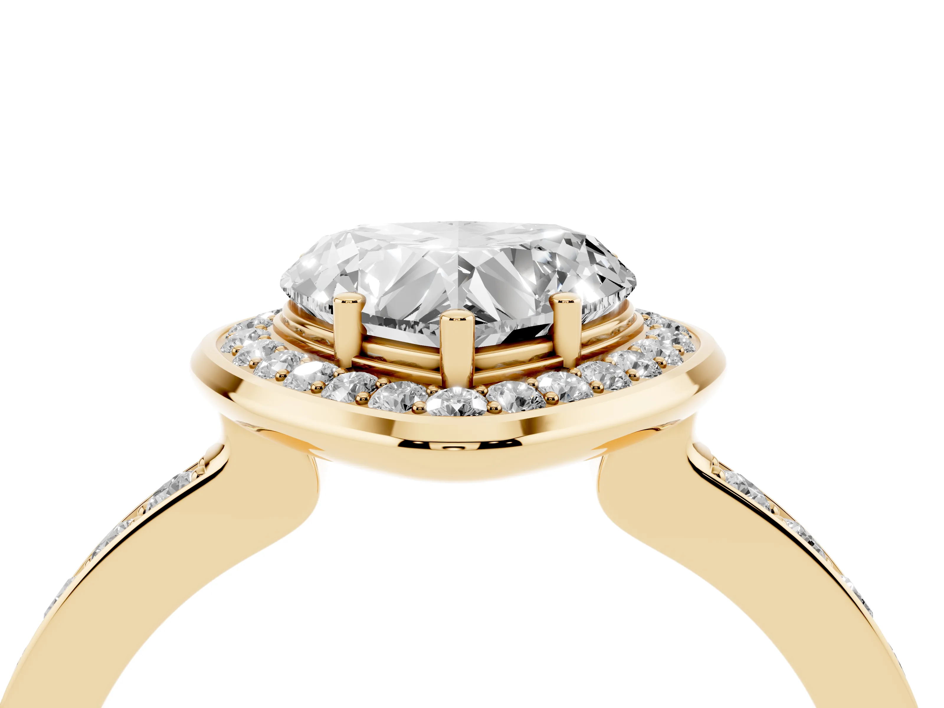 Heart Cut Diamond Halo Ring Set in Yellow gold with Bezel Frame and Pavé Band