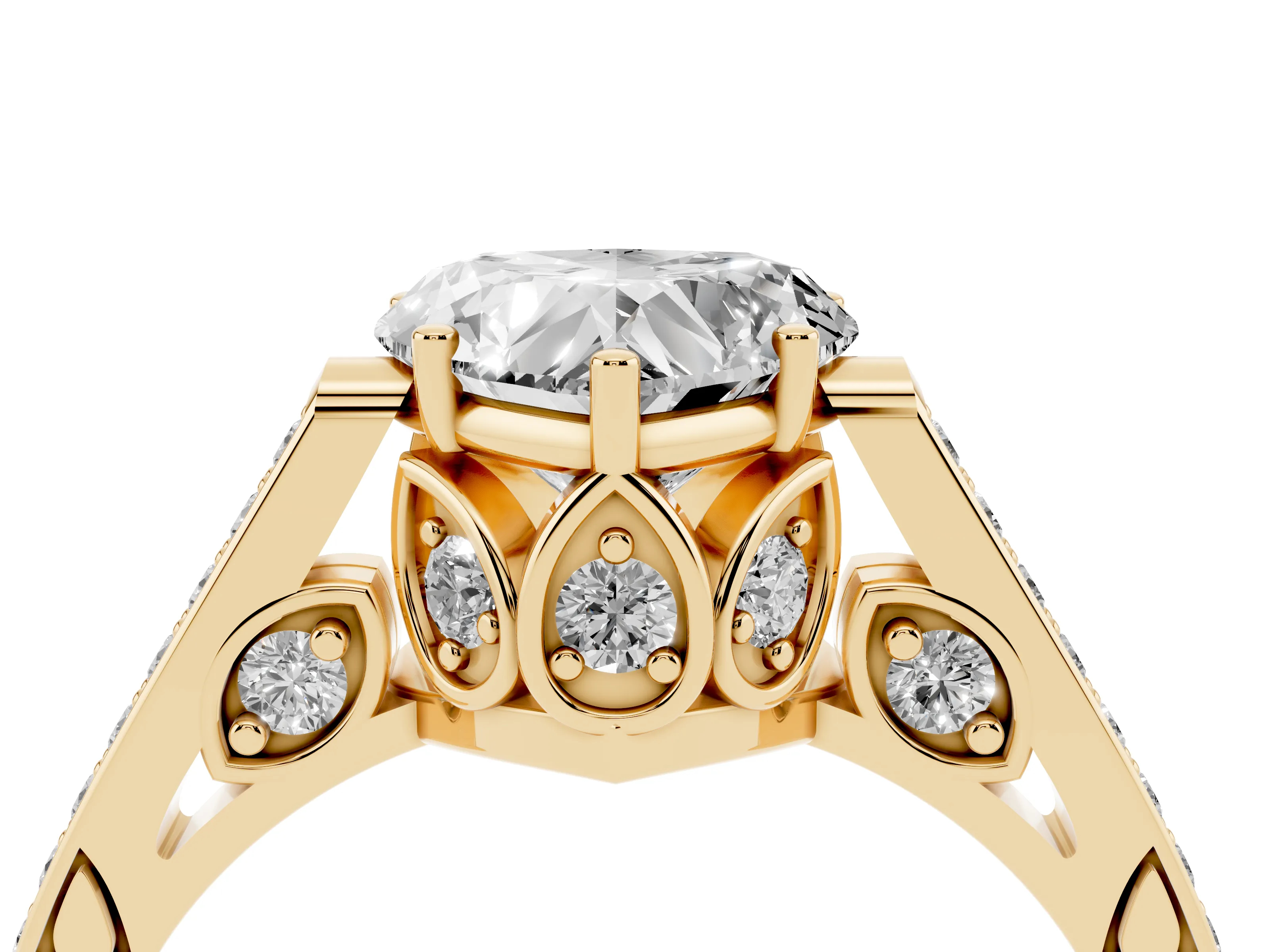 Heart Cut Diamond Cathedral Pavé Engagement Ring Set in Yellow gold with Prong Setting