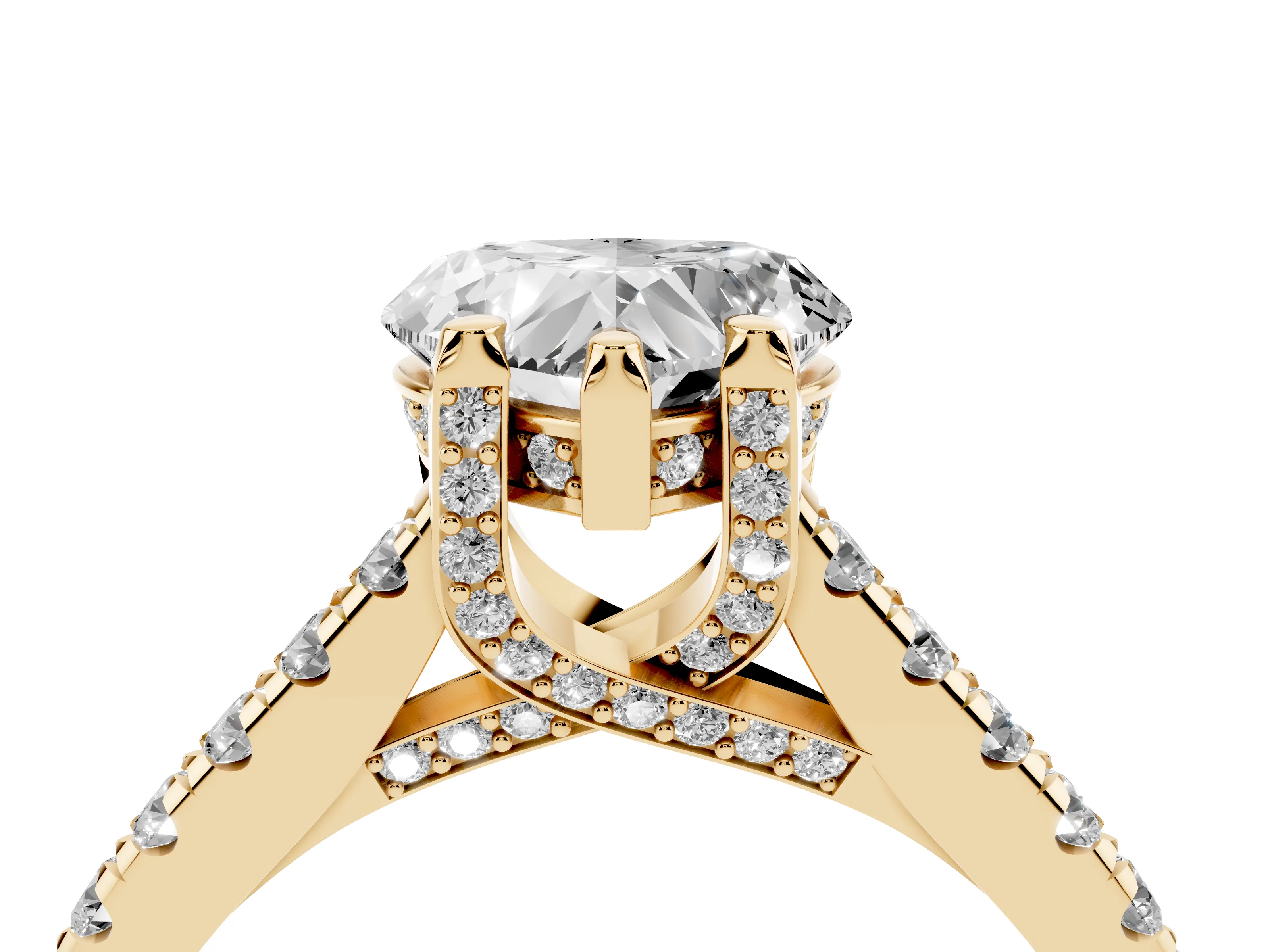 Heart Cut Diamond Solitaire Ring Set in Yellow gold with Brilliant Pavé Band and Prong Setting