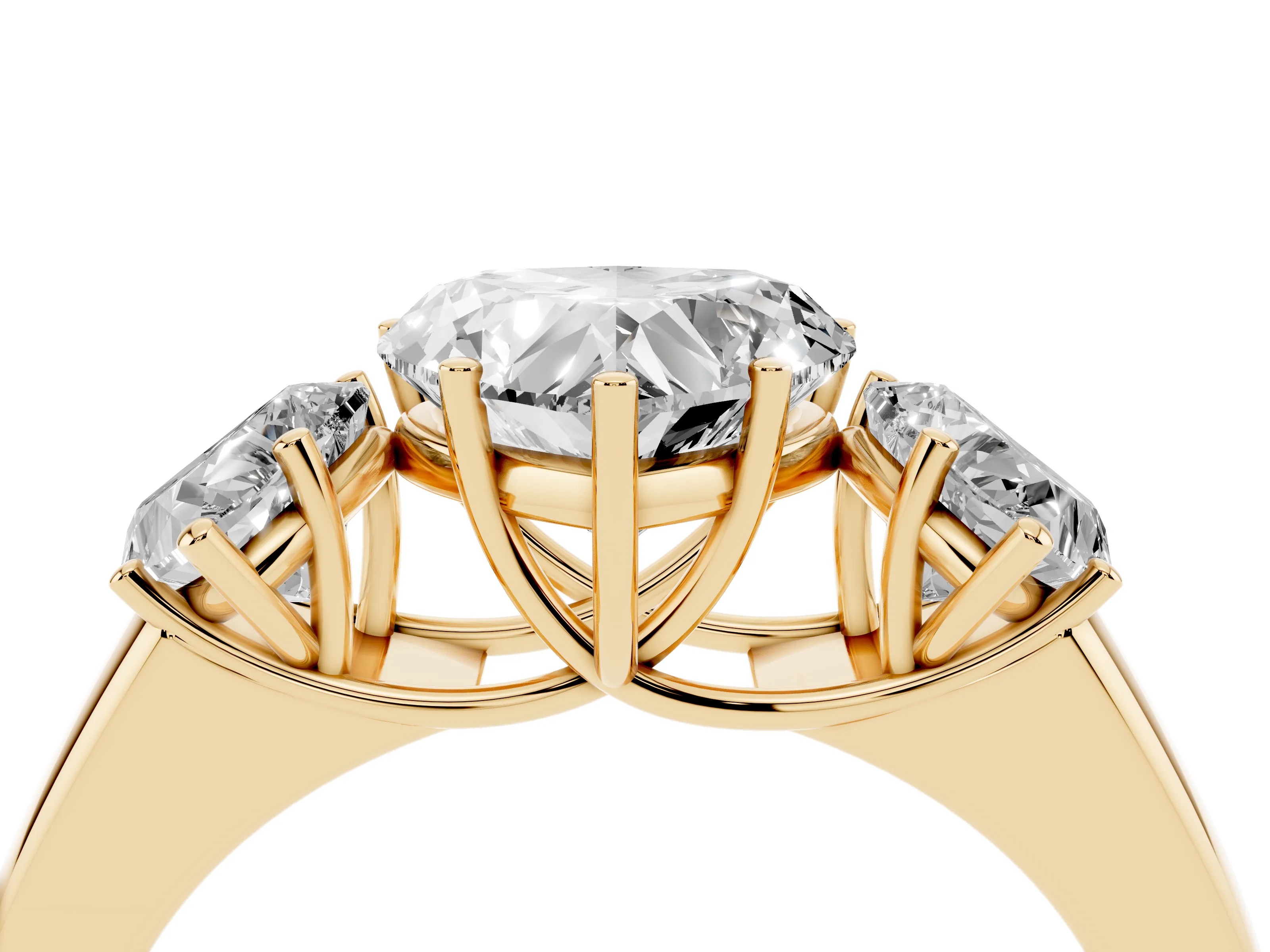 Three-Stone Heart Cut Diamond Ring Set in Yellow gold with Matching Prong Settings and Plain Band