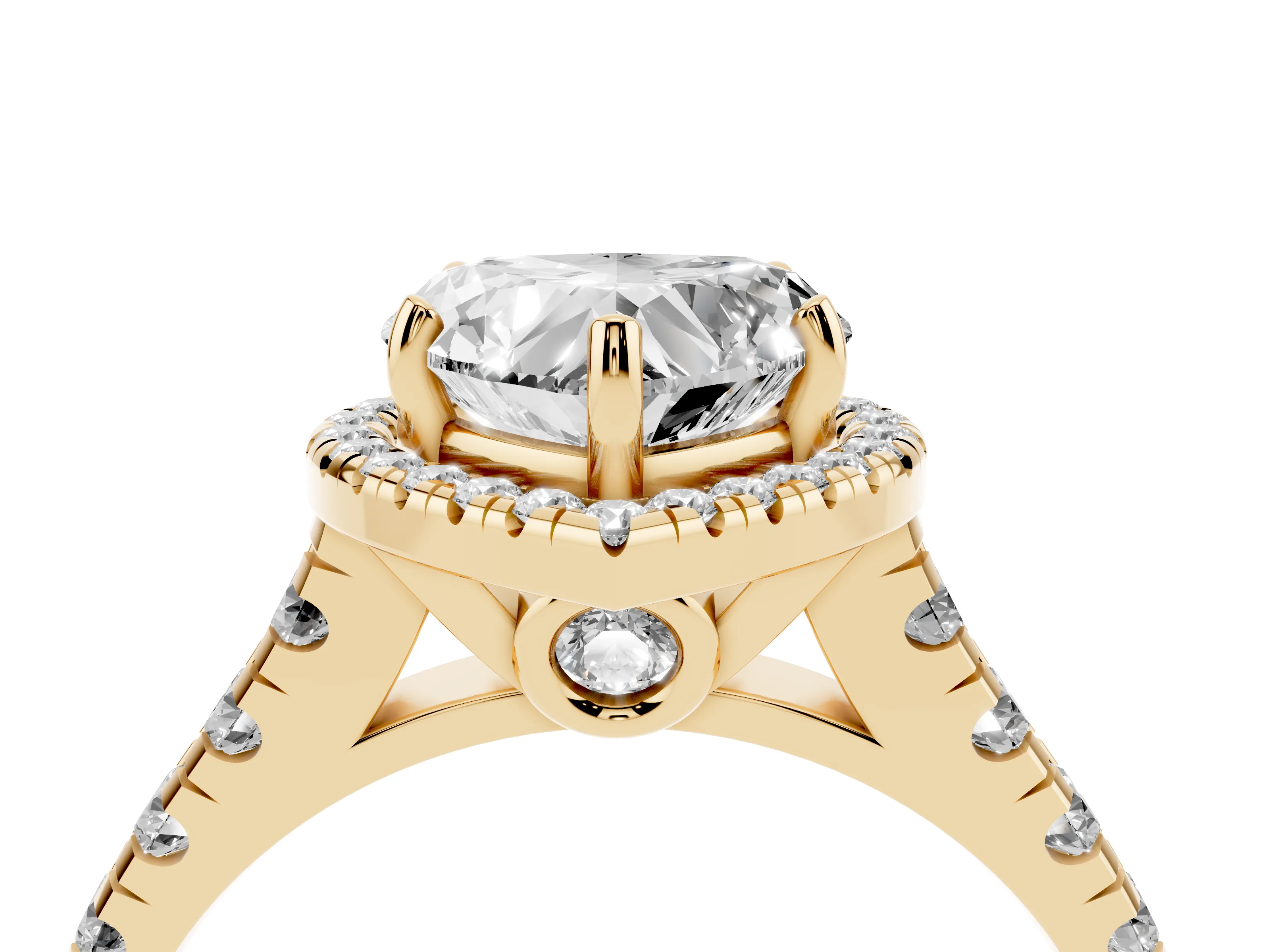 Heart Cut Diamond Halo Engagement Ring Set in Yellow gold with Pavé Band and Prong-Set Center