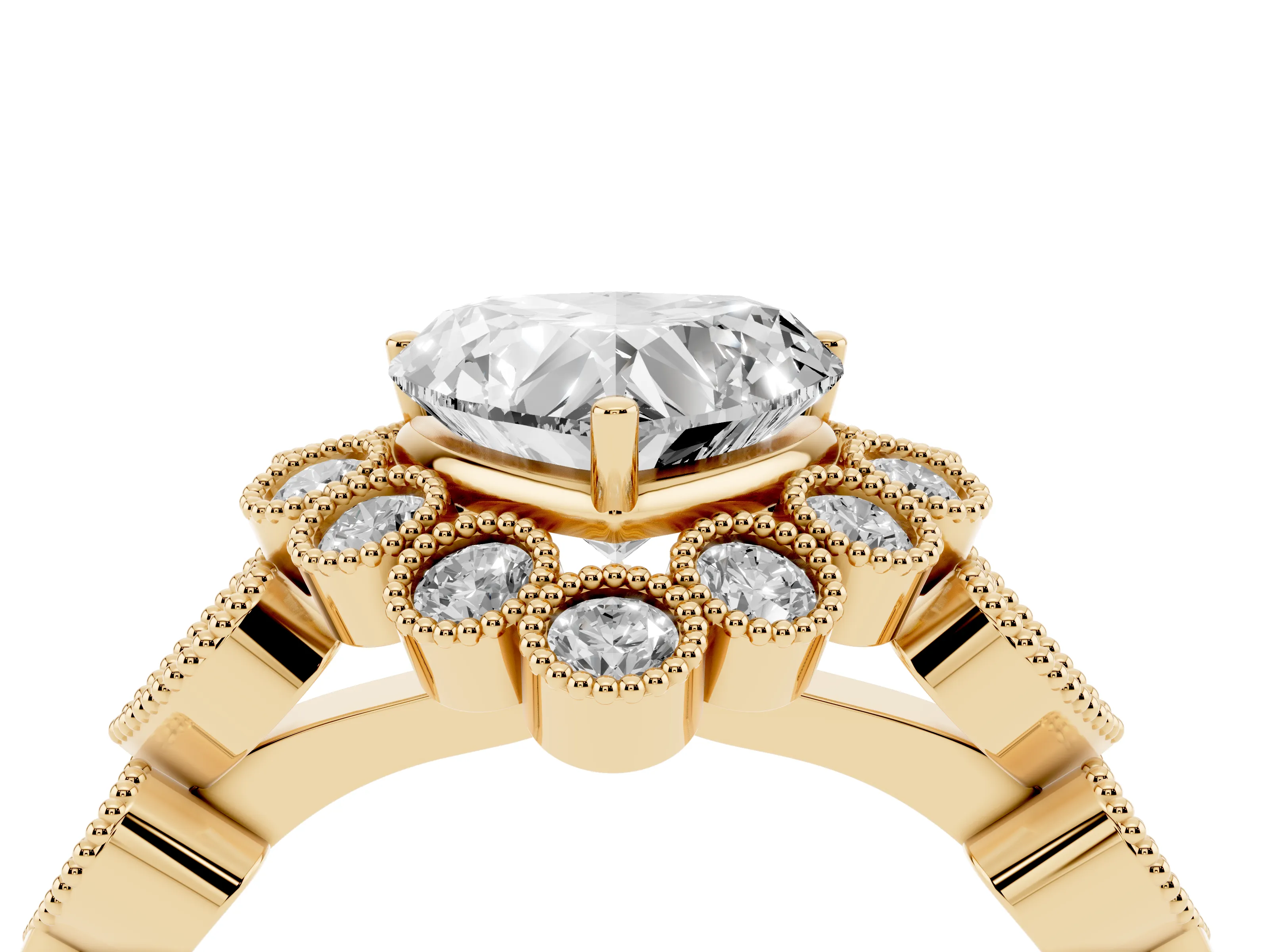 Heart Cut Diamond Solitaire Ring Set in Yellow gold with Milgrain Pavé Heart Band