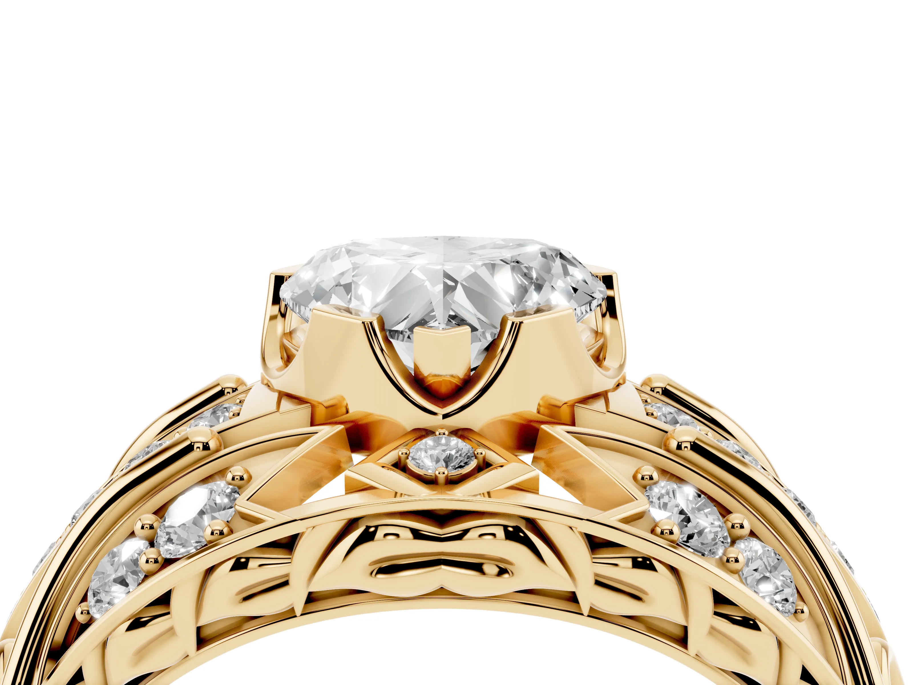 Heart Cut Diamond Art Deco Ring Set in Yellow gold with Pavé Split Shank