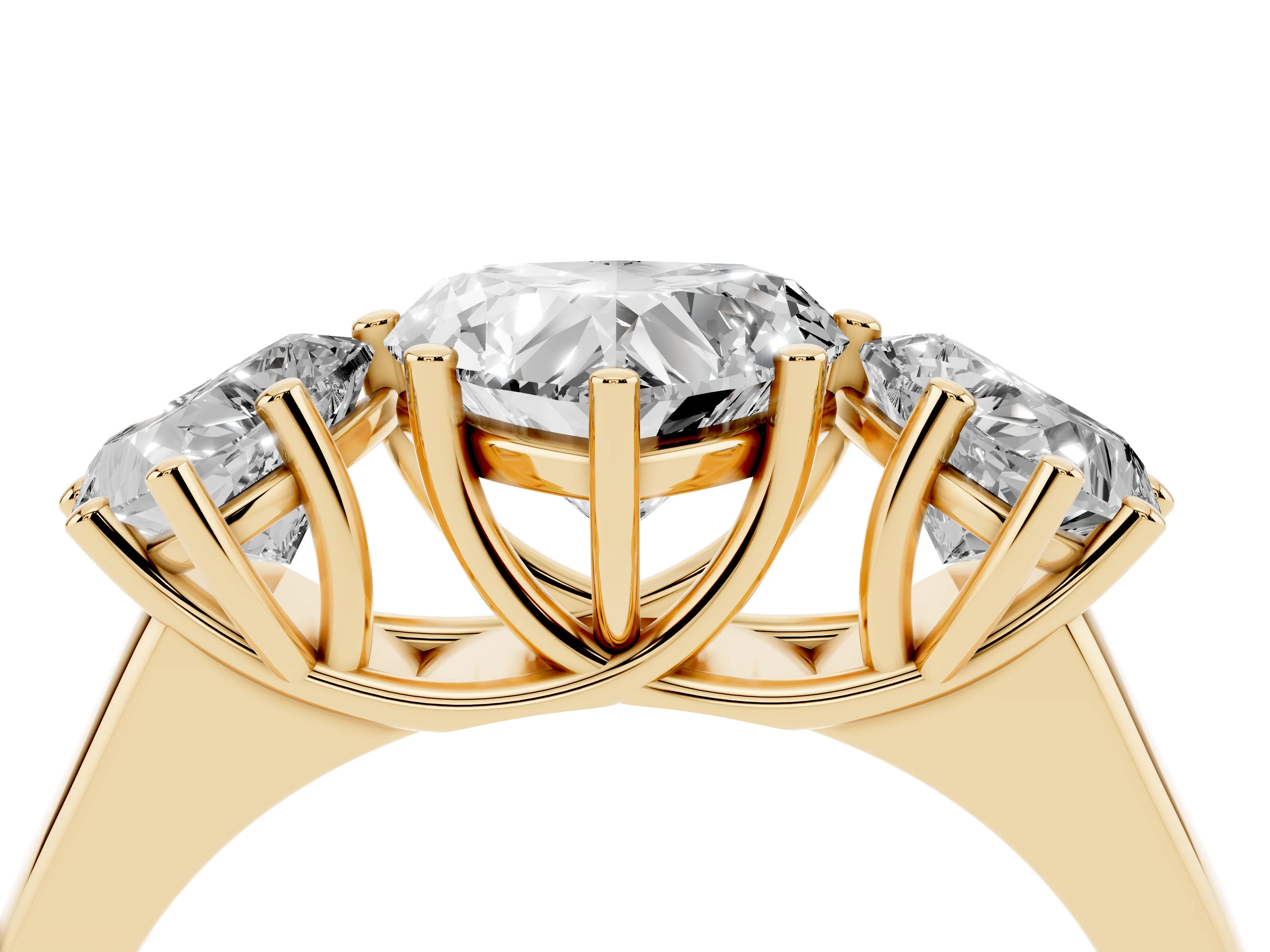 Heart Cut Diamond Three-Stone Ring Set in Yellow gold with Plain Polished Band