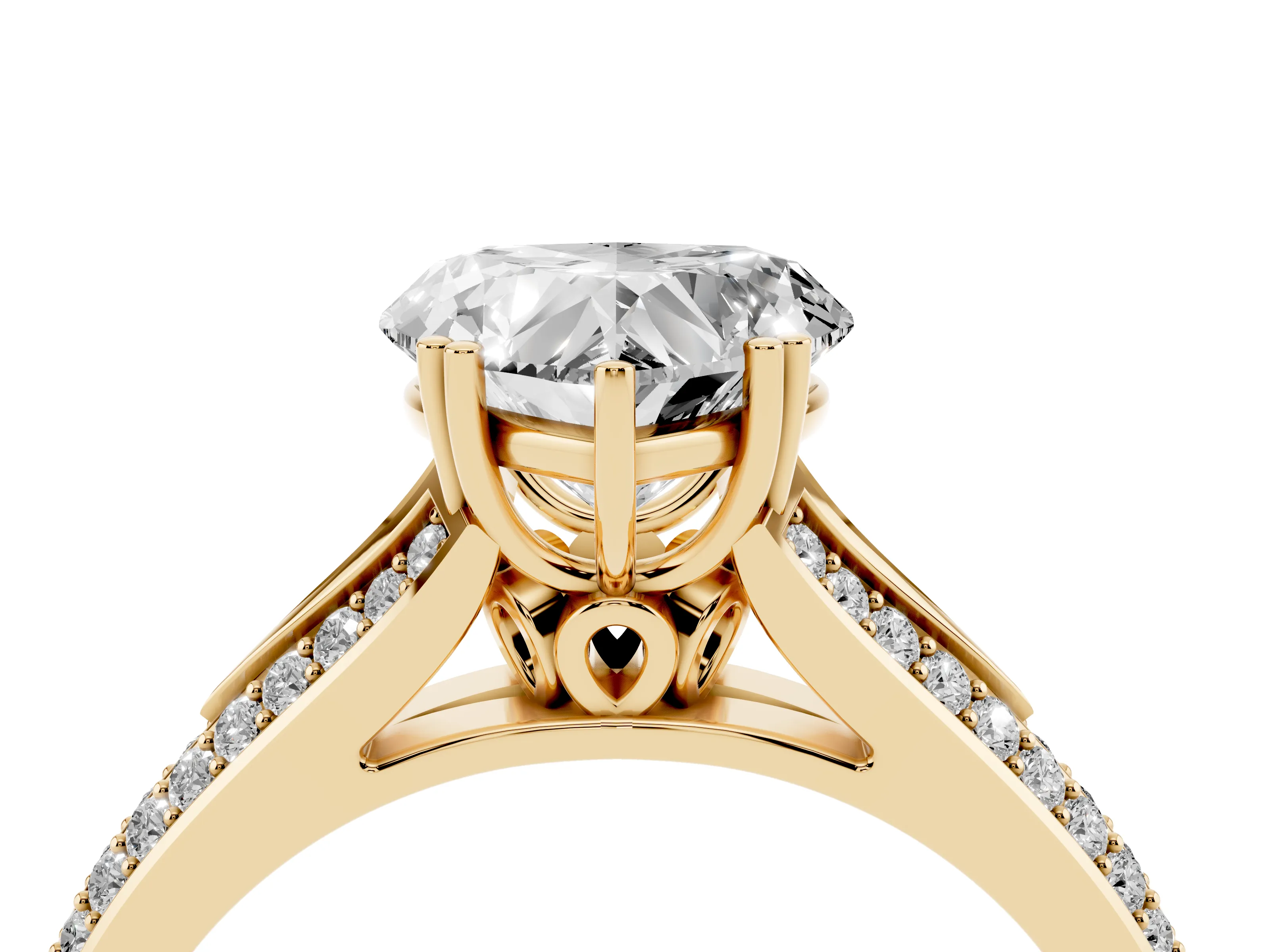 Heart Cut Diamond Split Shank Pavé Engagement Ring Set in Yellow gold with Prong-Set Center Stone