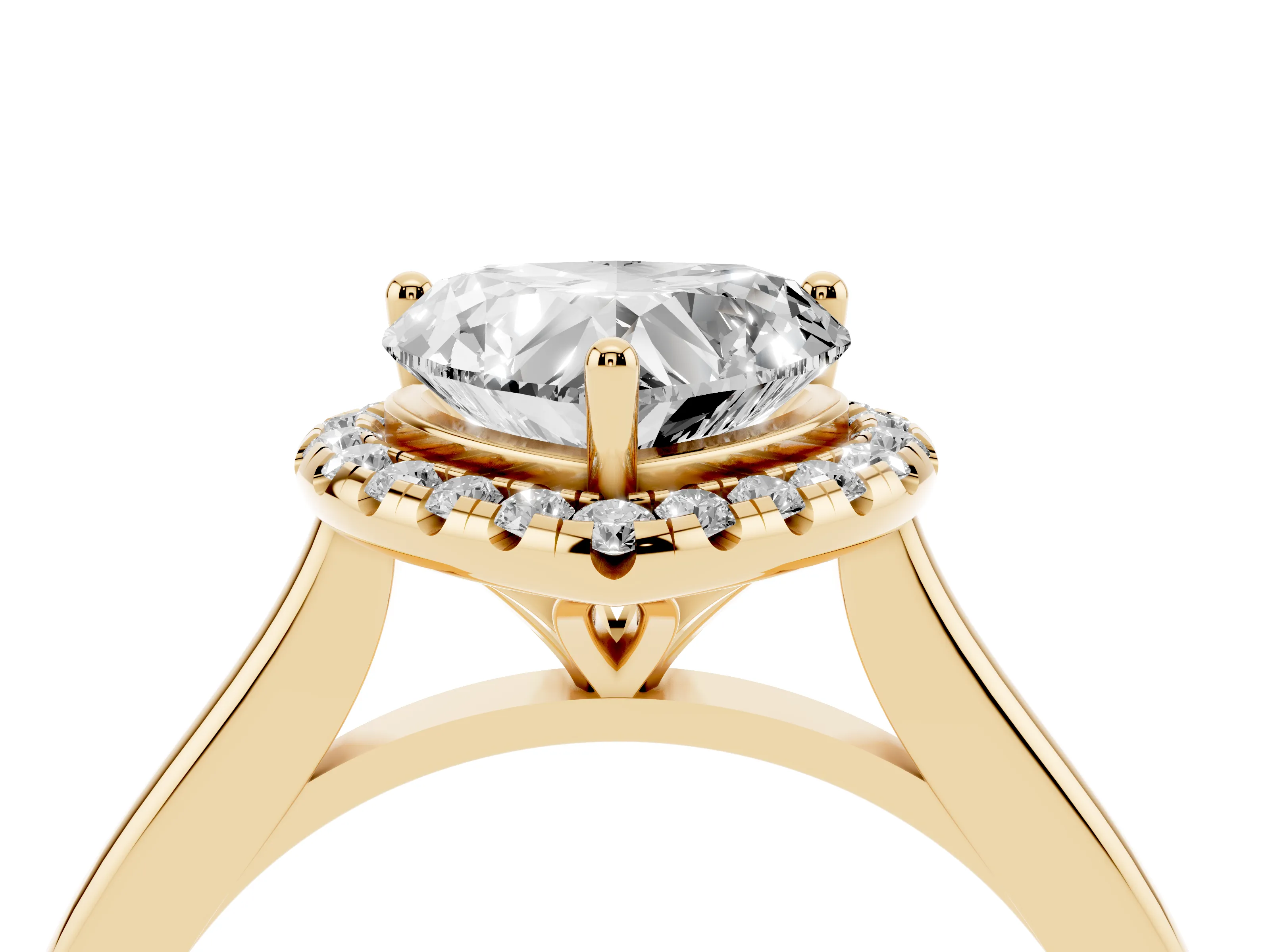 Heart Cut Diamond Halo Engagement Ring Set in Yellow gold with Pavé Band and Rising Shoulders