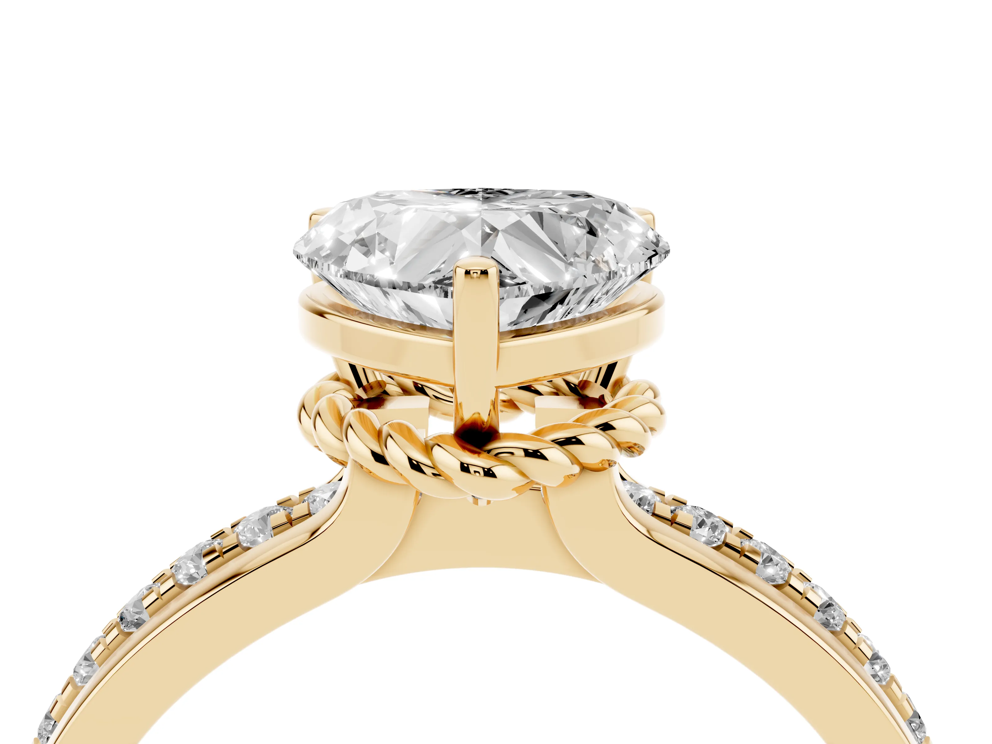 Heart Cut Diamond Solitaire Ring Set in Yellow gold with Channel Set Band and Prong Setting
