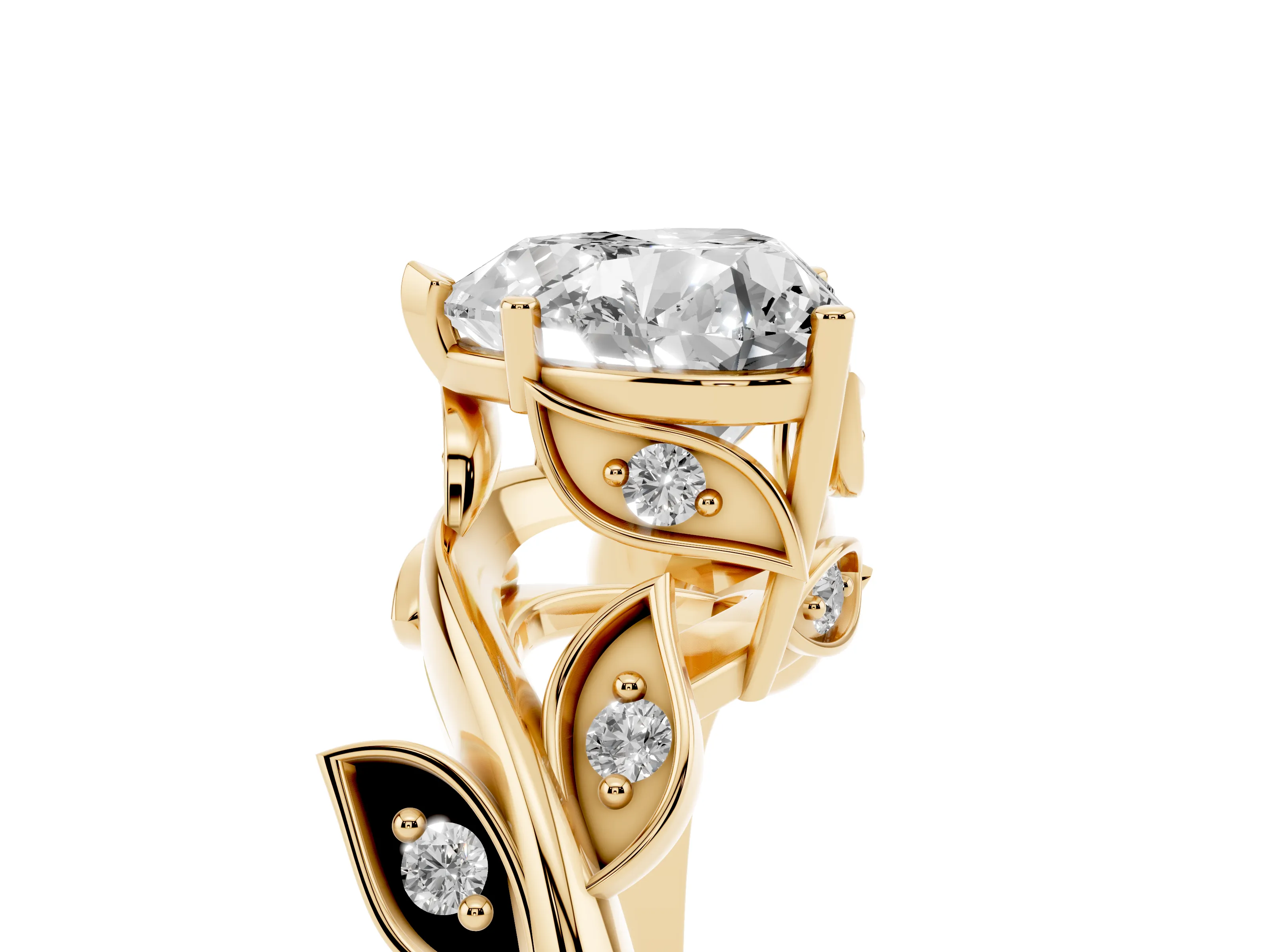 Heart Cut Diamond Solitaire Twist Engagement Ring Set in Yellow gold with Pavé Leaf Accents
