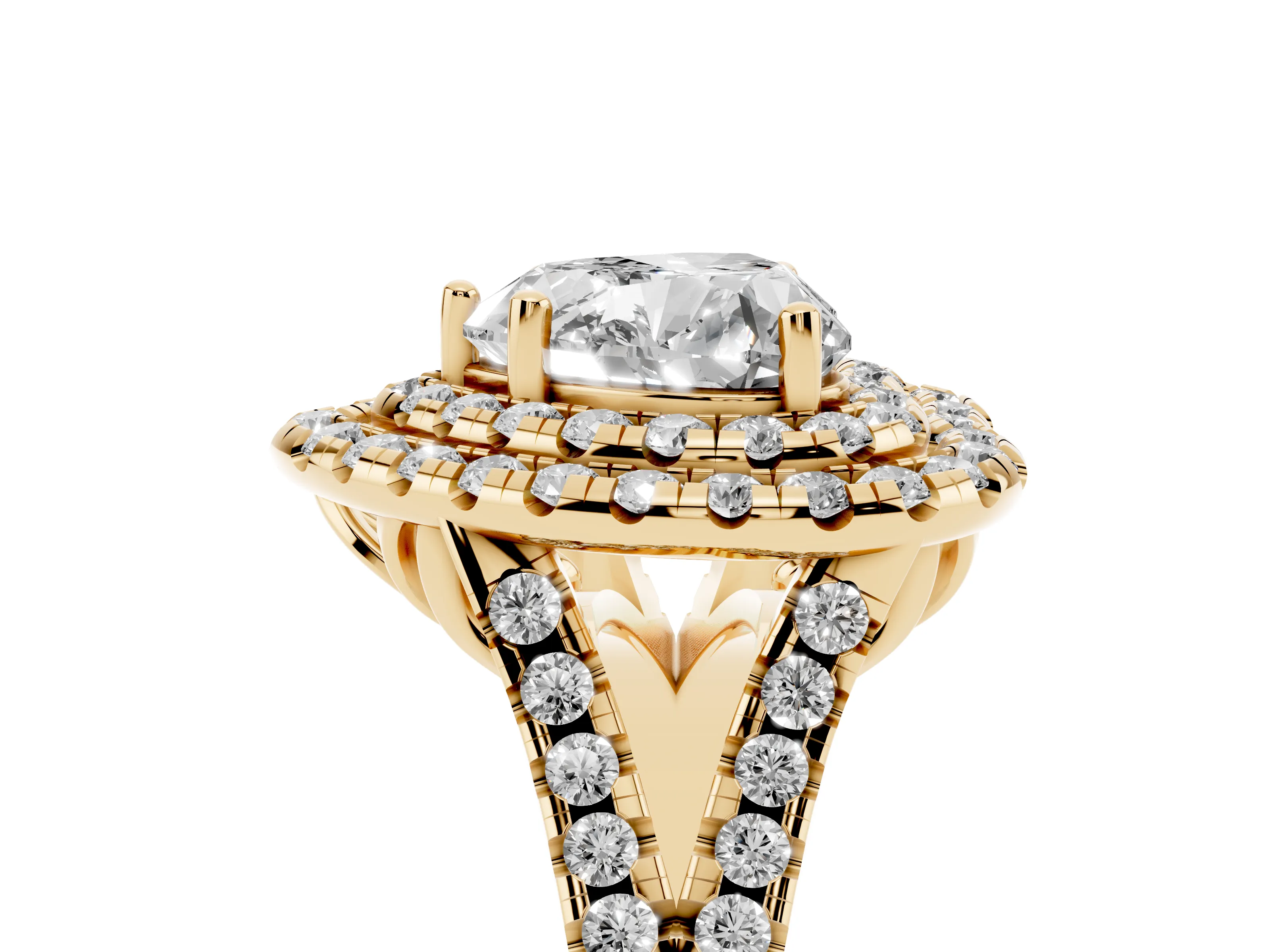 Heart Cut Diamond Double Halo Ring Set in Yellow gold with Pavé Split Shank and Prong Setting