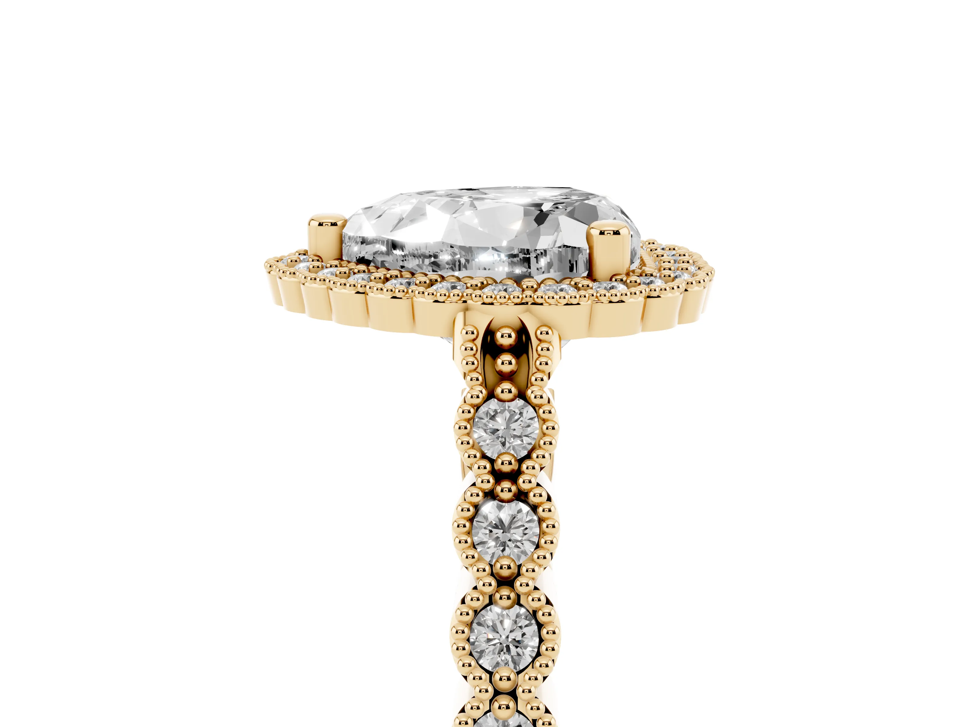 Heart Cut Diamond Halo Ring Set in Yellow gold with Pavé Milgrain Band