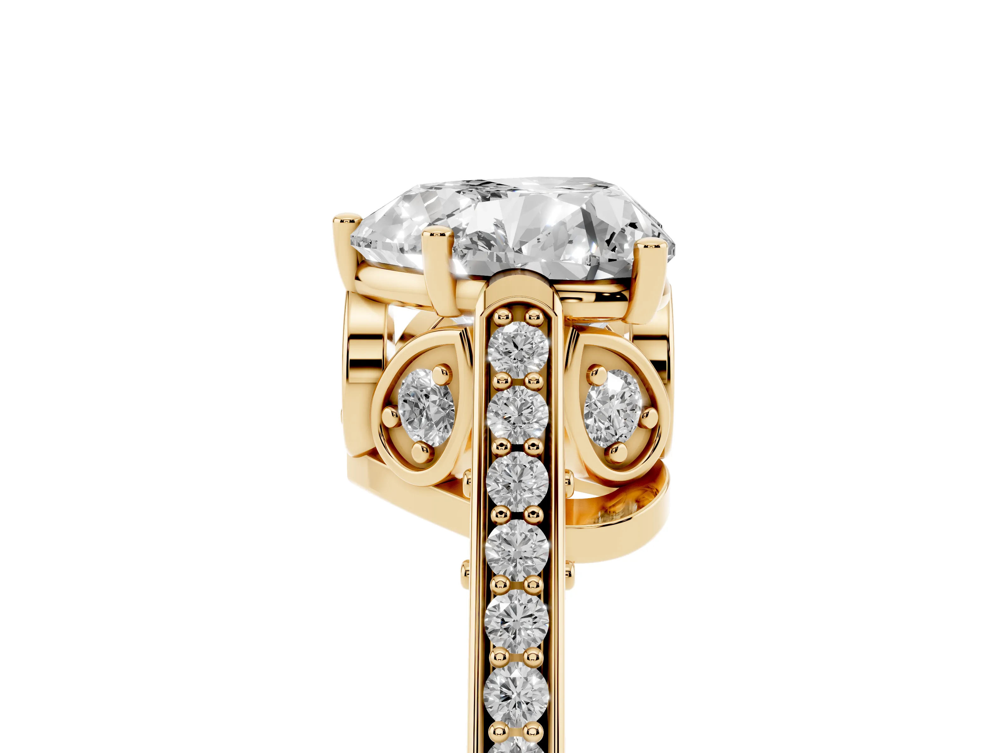 Heart Cut Diamond Cathedral Pavé Engagement Ring Set in Yellow gold with Prong Setting