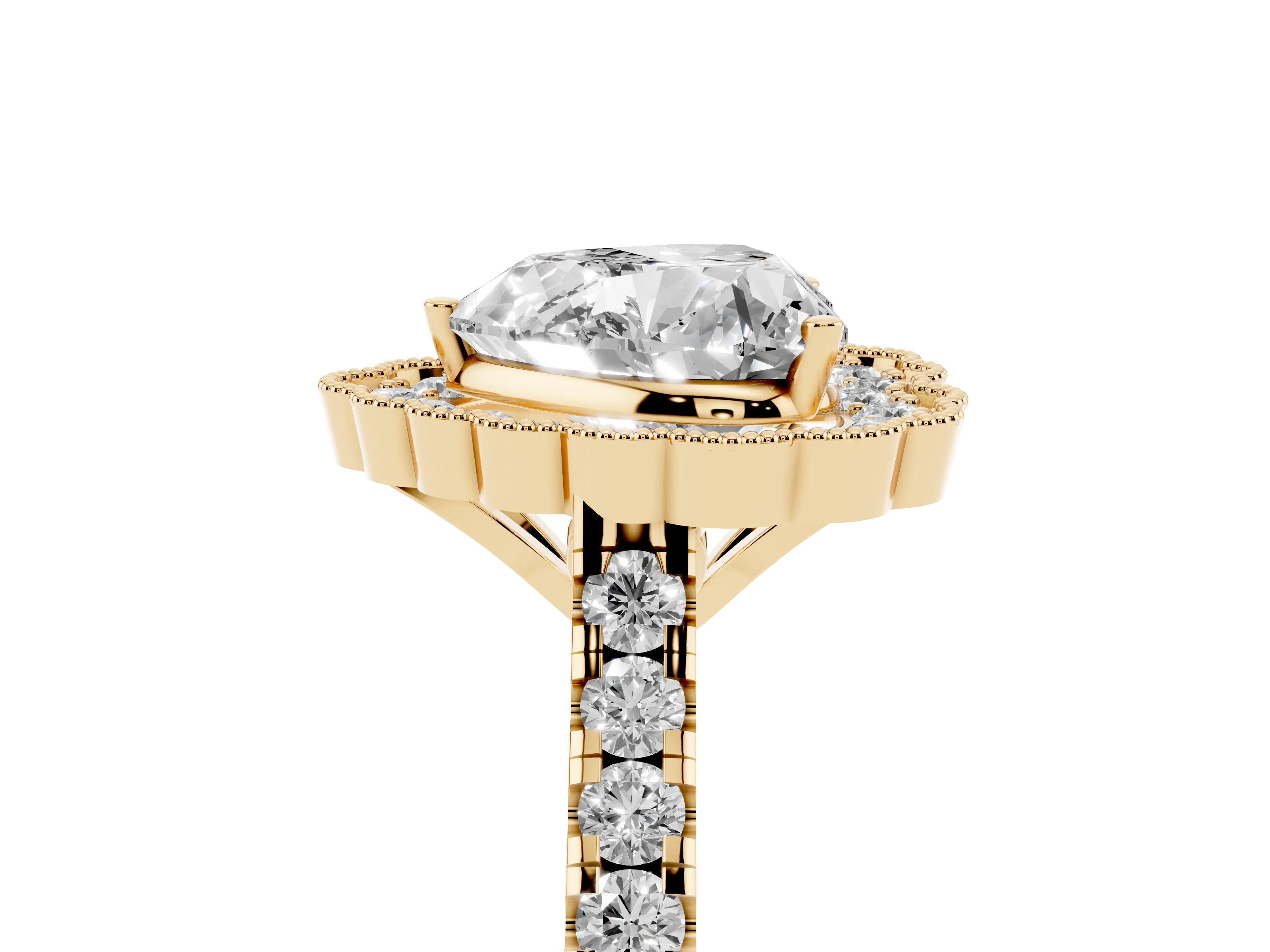 Heart Cut Diamond Milgrain Floral Halo Engagement Ring Set in Yellow gold with Pavé Band