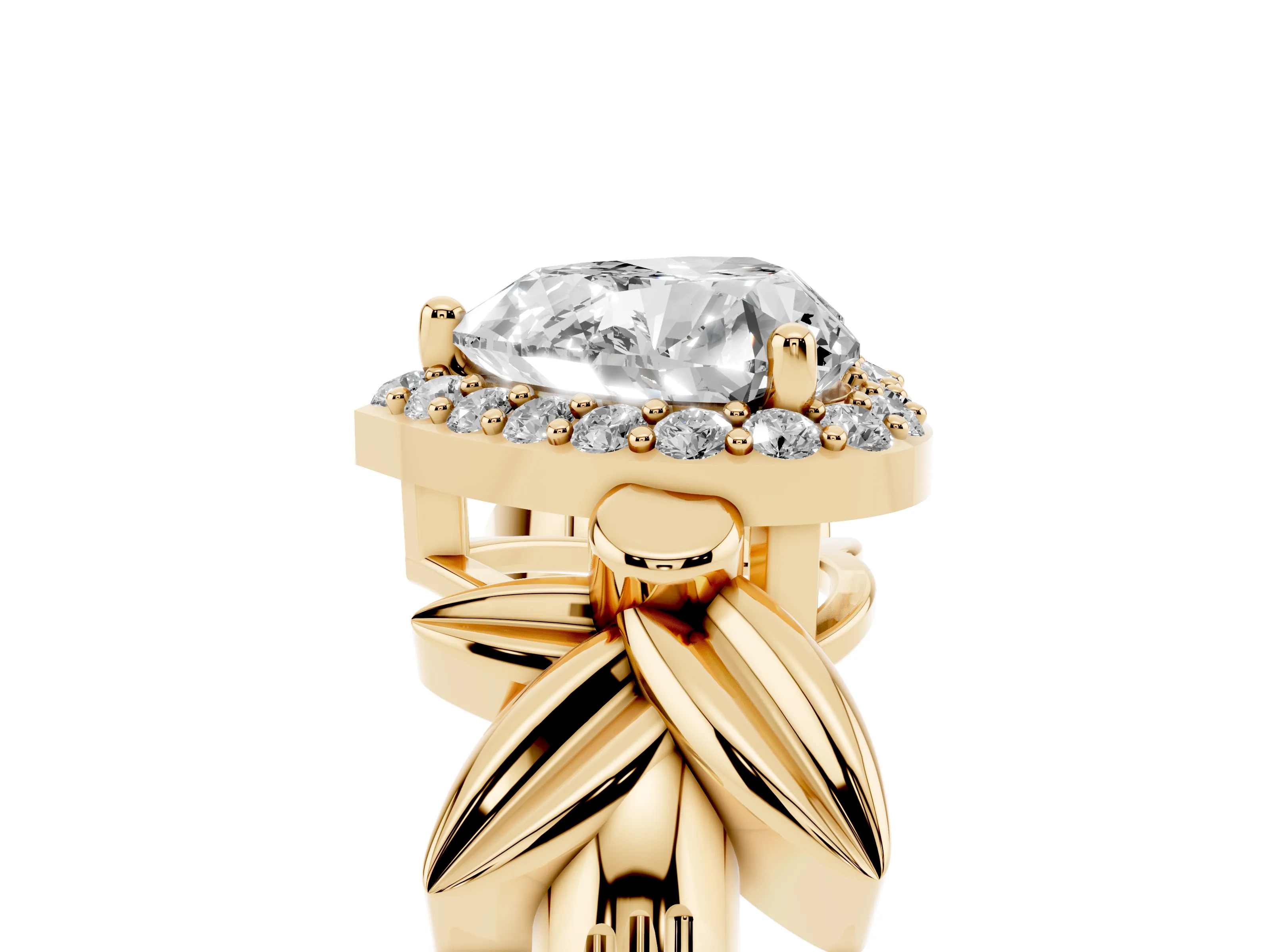 Heart Cut Diamond Halo Floral Band Ring Set in Yellow gold with Prong Setting