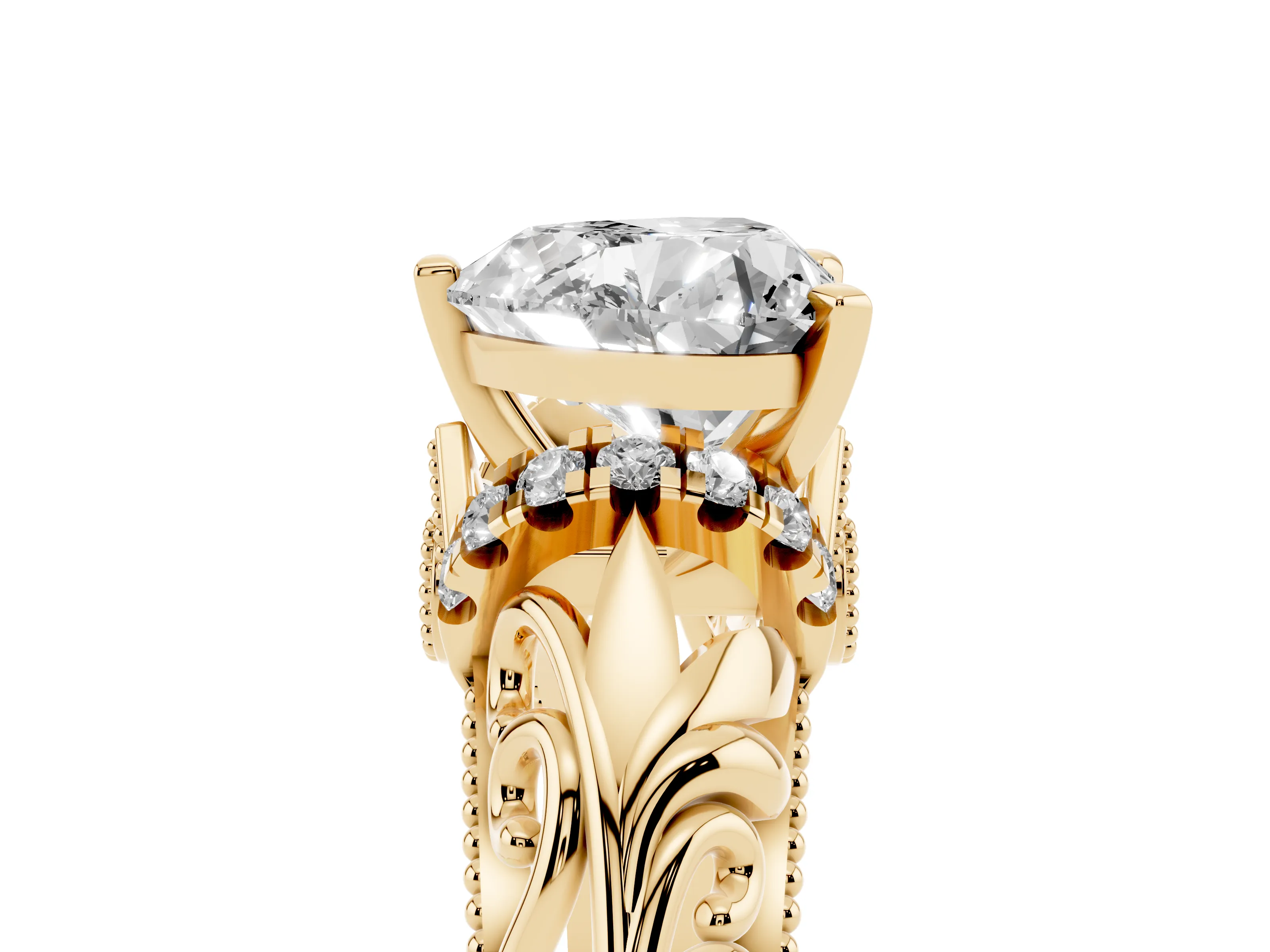 Heart Cut Diamond Filigree Halo Engagement Ring Set in Yellow gold with Prong Setting