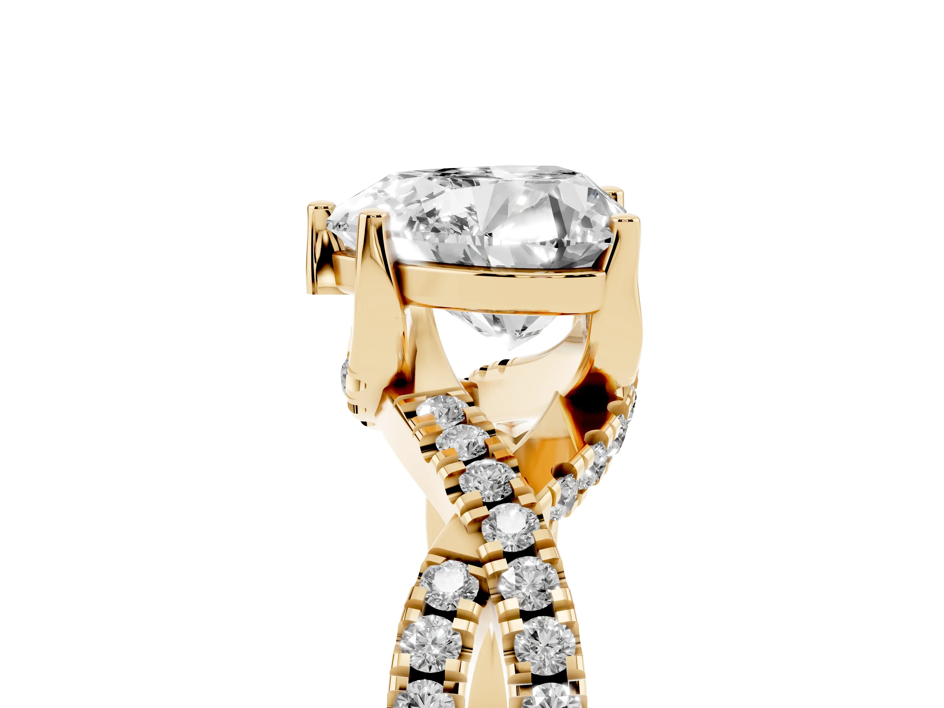 Heart Cut Diamond Twist Pavé Solitaire Engagement Ring Set in Yellow gold with Prong Setting