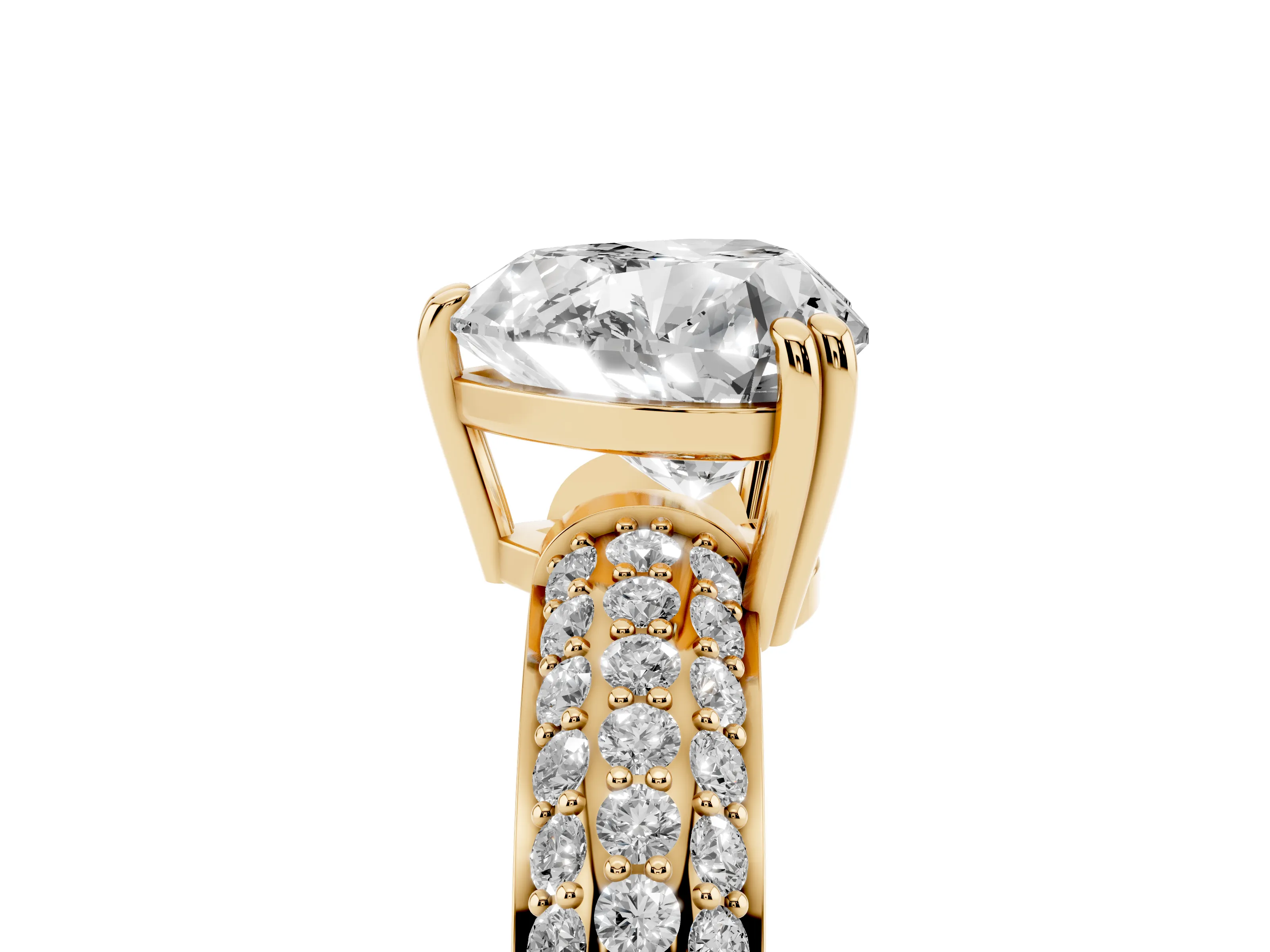 Heart Cut Diamond Solitaire Ring Set in Yellow gold with Multi-Row Round Pavé Band and Prong Setting
