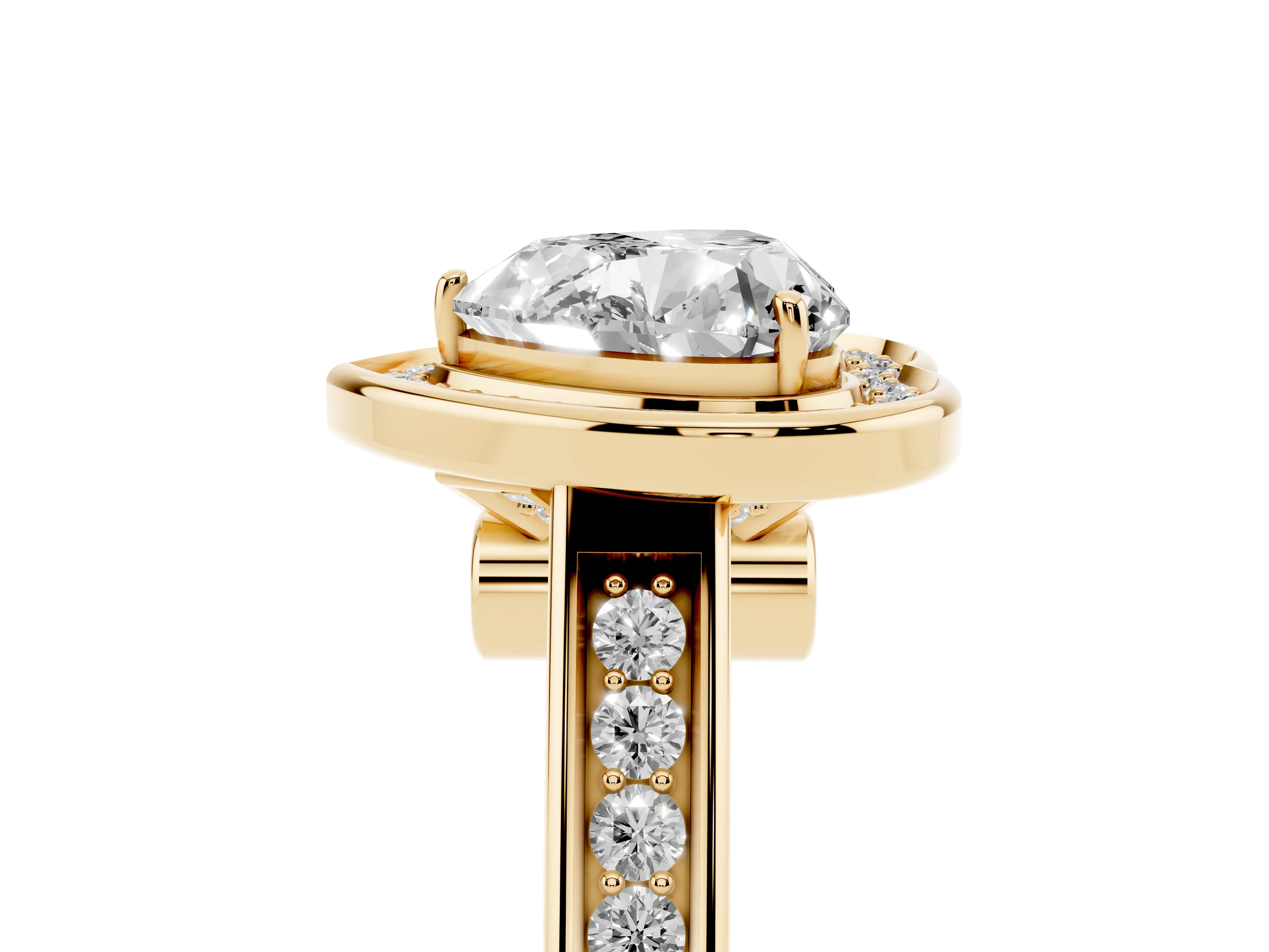 Heart Cut Diamond Halo Solitaire Ring Set in Yellow gold with Pavé Band and Bezel Setting