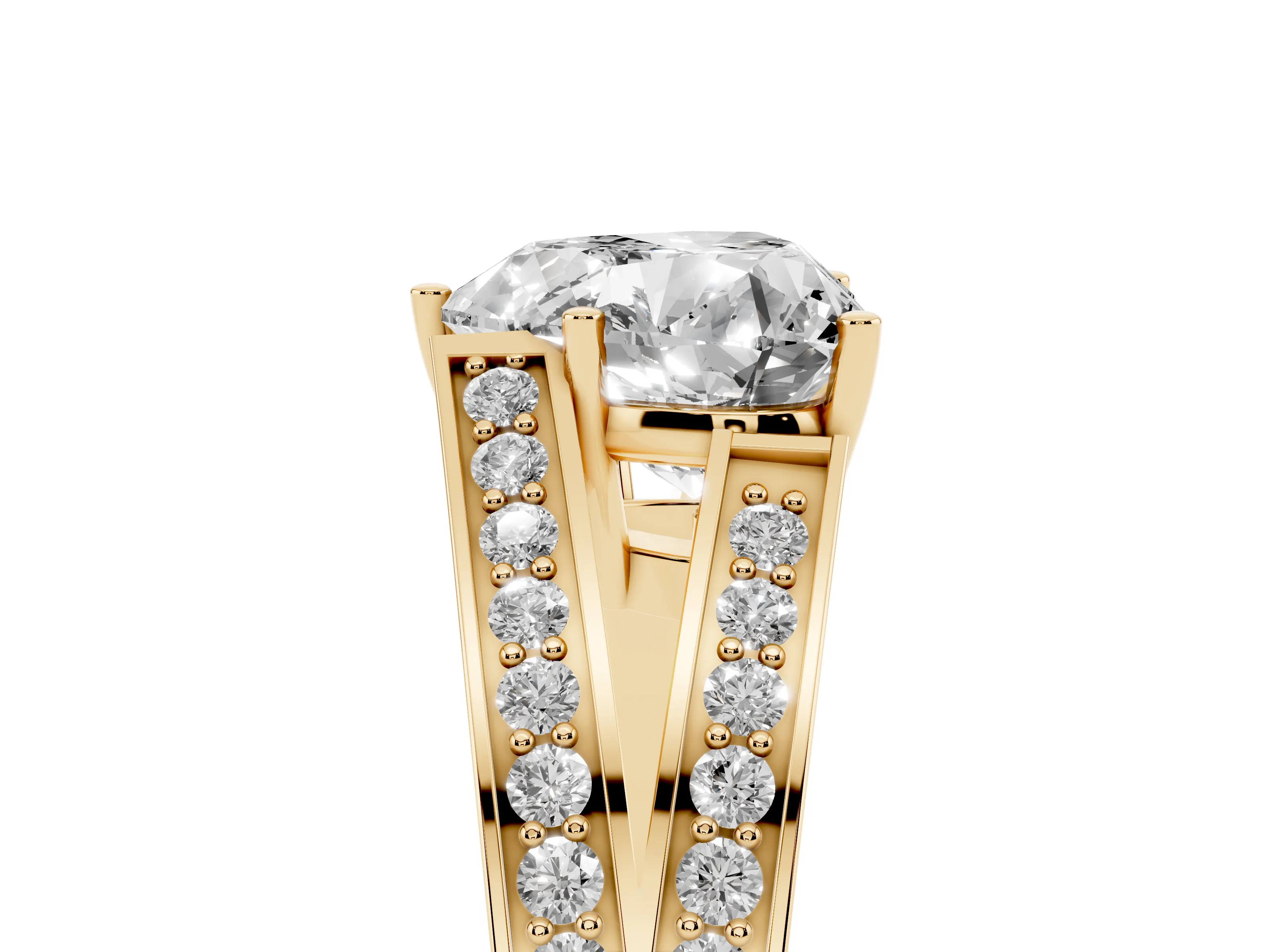 Heart Cut Diamond Split Shank Ring Set in Yellow gold with Pavé Band and Prong Setting